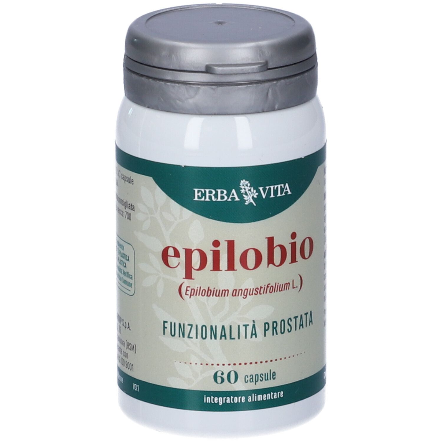 Flacone bianco Erba Vita Epilobio con tappo grigio. Etichetta con nome prodotto e 60 capsule.