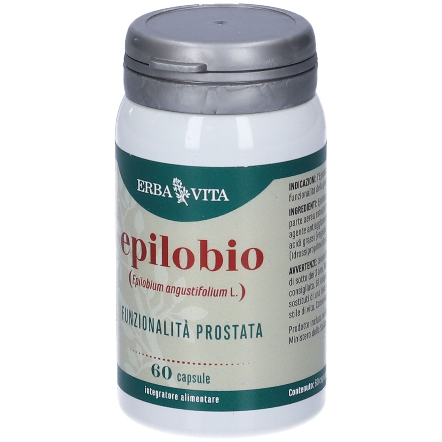 Flacone bianco Erba Vita Epilobio con tappo grigio. Etichetta con nome prodotto e 60 capsule.
