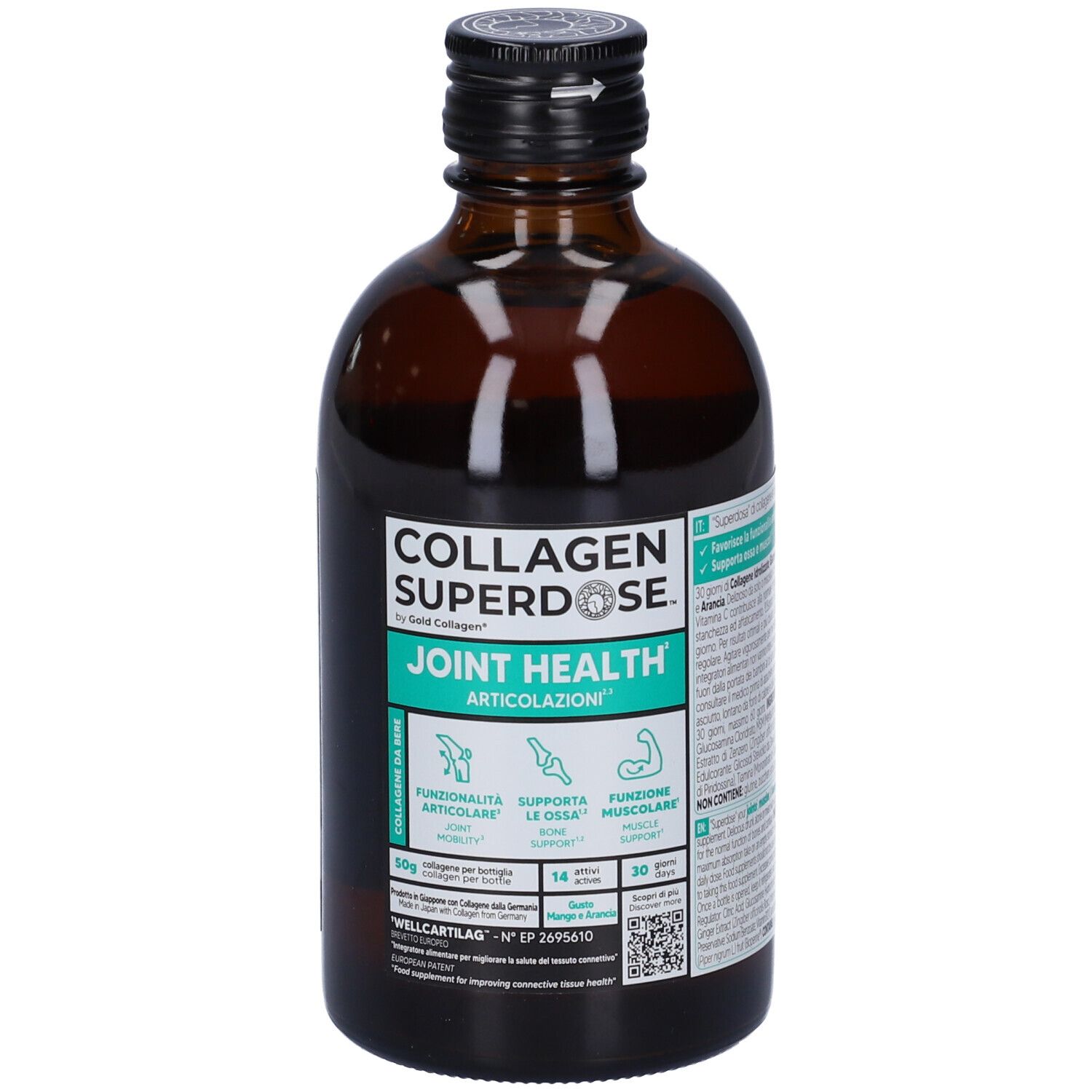 Bottiglia di vetro marrone con tappo nero. Scritta: Collagen Superdose Joint Health. Etichetta verde e bianca con informazioni.
