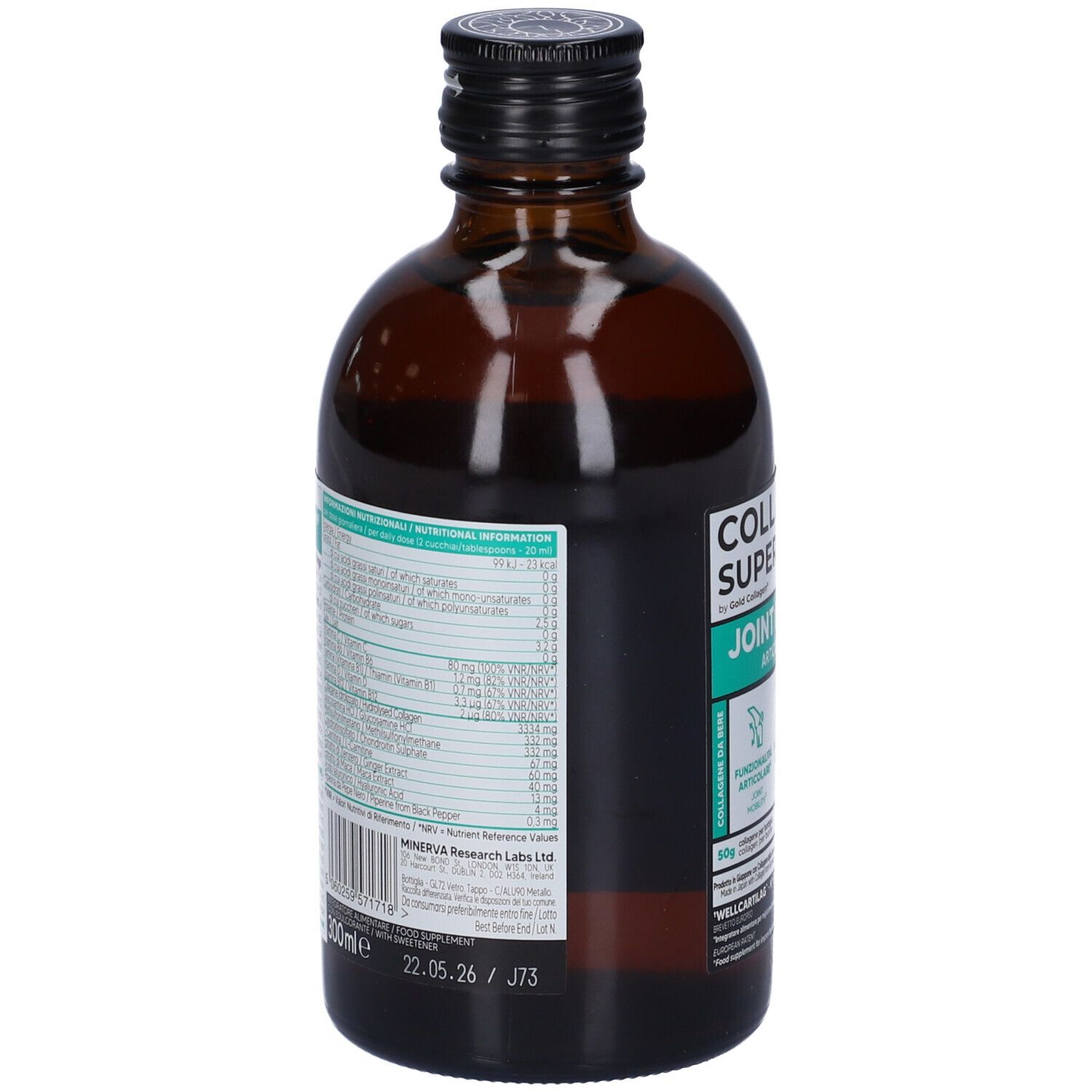 Retro di una bottiglia di vetro marrone. Etichetta con informazioni nutrizionali e ingredienti. Tappo nero.