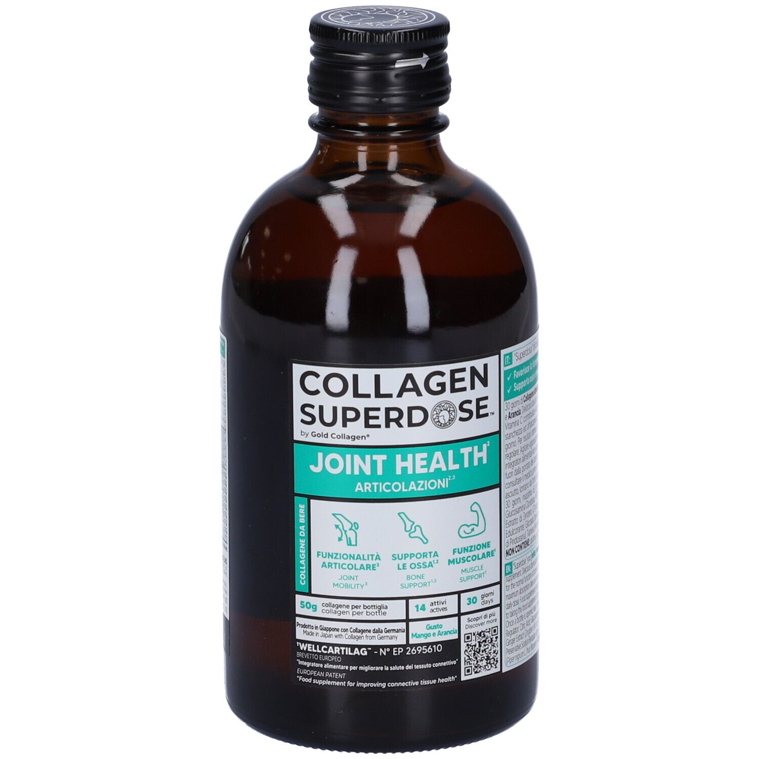 Bottiglia di vetro marrone con tappo nero. Scritta: Collagen Superdose Joint Health. Etichetta verde e bianca con informazioni.