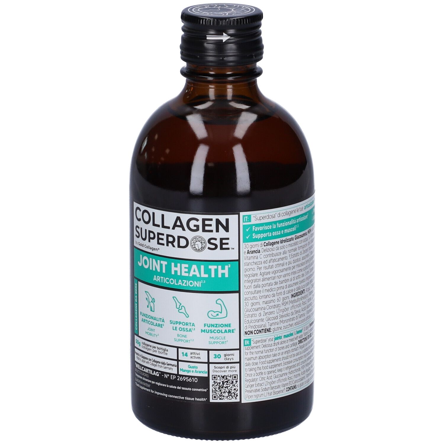 Bottiglia di vetro marrone con tappo nero. Scritta: Collagen Superdose Joint Health. Etichetta verde e bianca con informazioni.