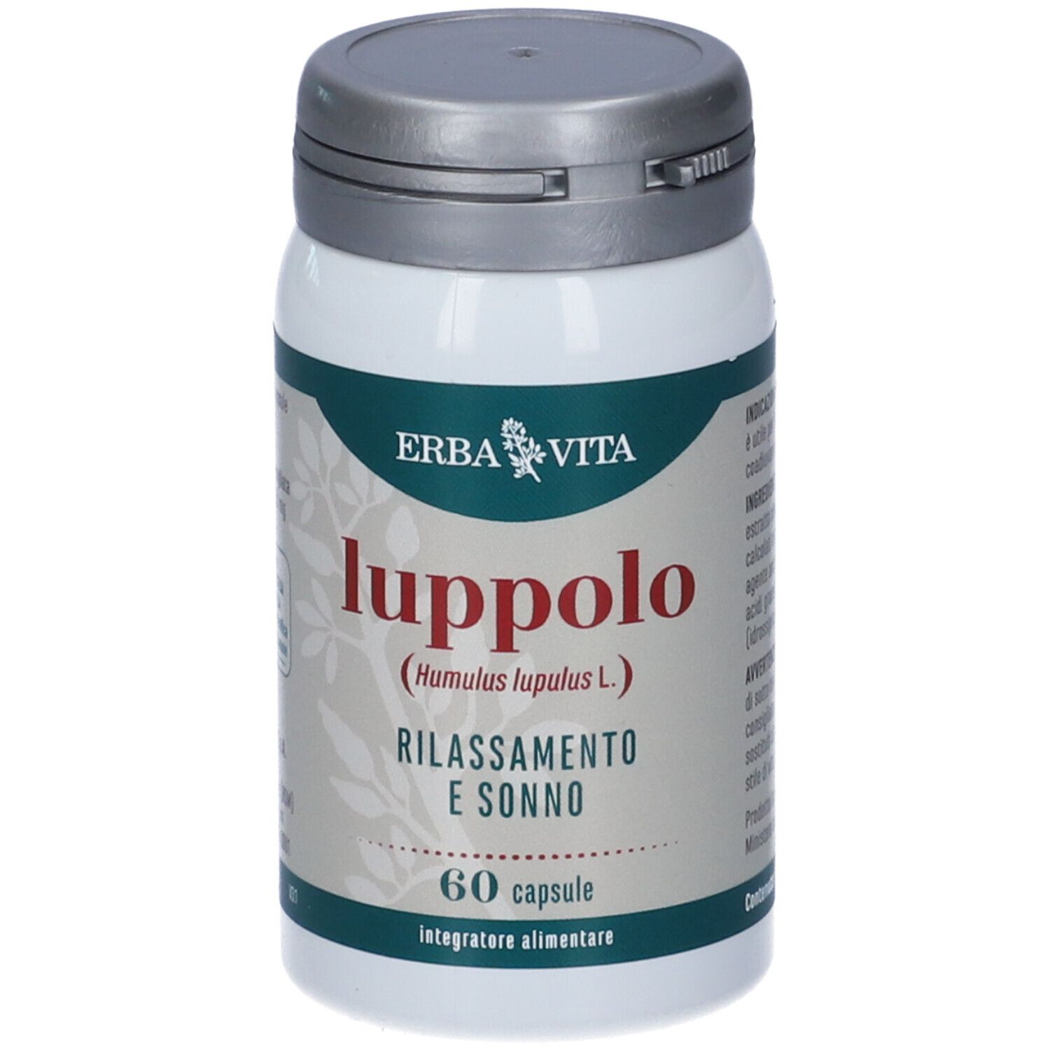 Flacone Erba Vita Luppolo. Etichetta verde con scritta Luppolo, 60 capsule. Tappo grigio.