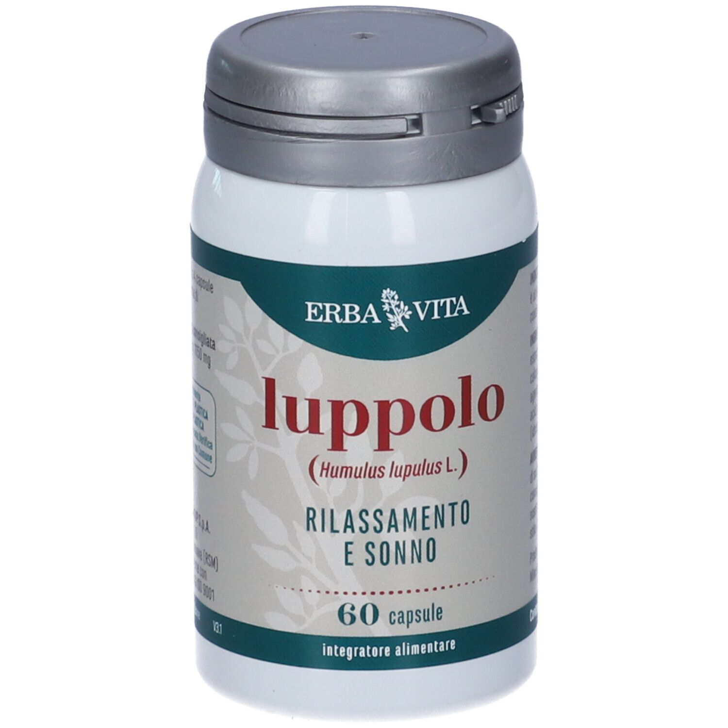 Flacone Erba Vita Luppolo. Etichetta verde con scritta Luppolo, 60 capsule. Tappo grigio.