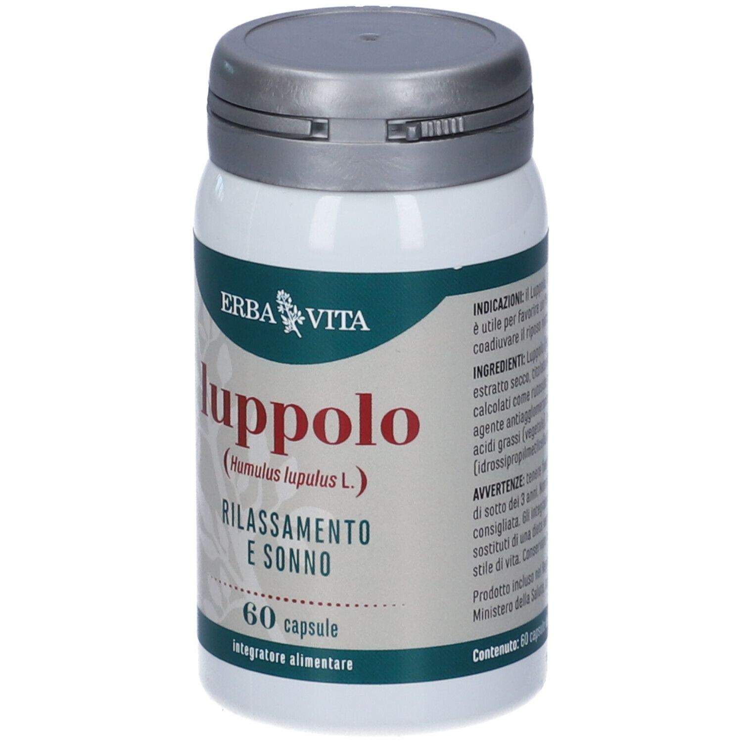 Flacone Erba Vita Luppolo. Etichetta verde con scritta Luppolo, 60 capsule. Tappo grigio.