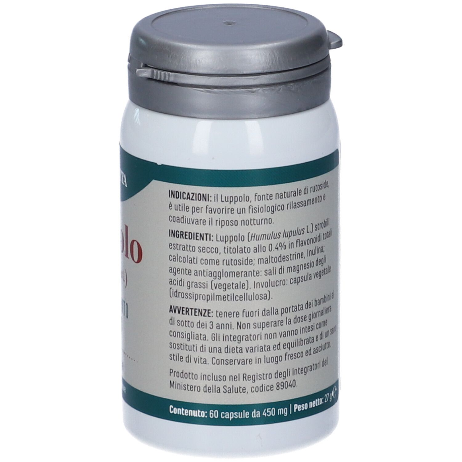 Flacone Erba Vita Luppolo. Etichetta verde con scritta Luppolo, 60 capsule. Tappo grigio.