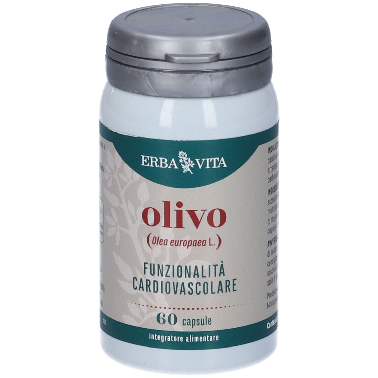 Retro del flacone. Testo: Olivo, Erba Vita. Ingredienti, istruzioni per l'uso, informazioni sull'imballaggio.