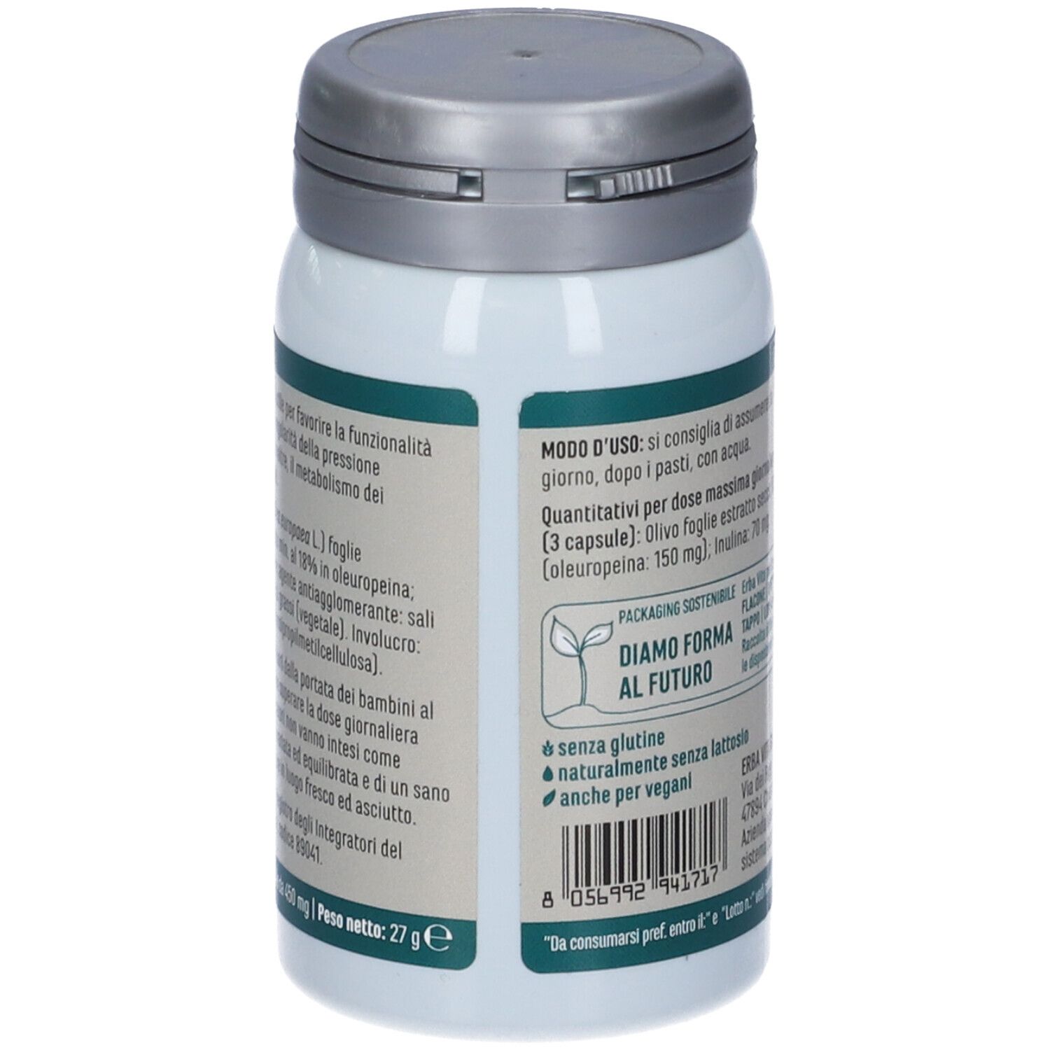 Flacone bianco, tappo grigio. Scritta: Olivo, 60 capsule, Erba Vita. Per la funzionalità cardiovascolare.