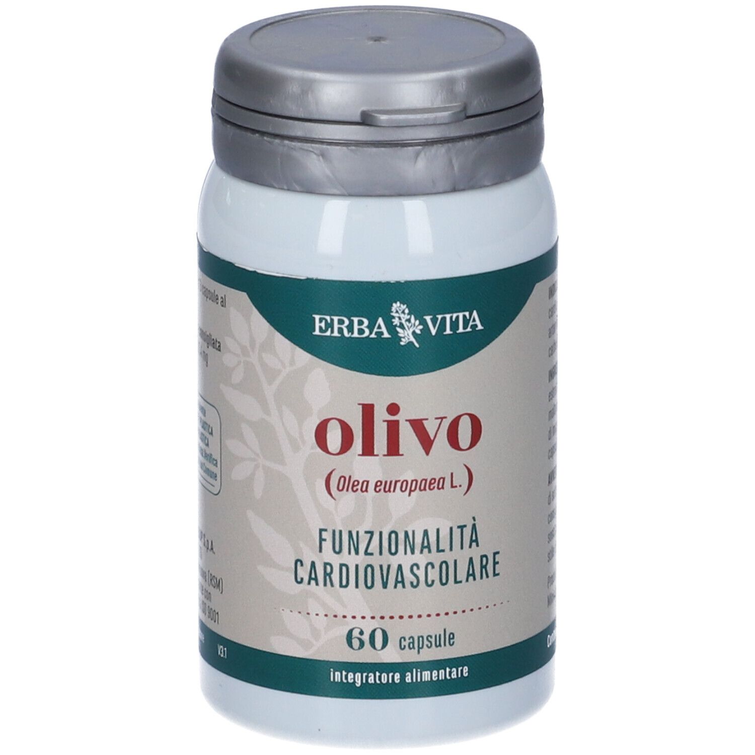 Flacone bianco, tappo grigio. Scritta: Olivo, 60 capsule, Erba Vita. Per la funzionalità cardiovascolare.