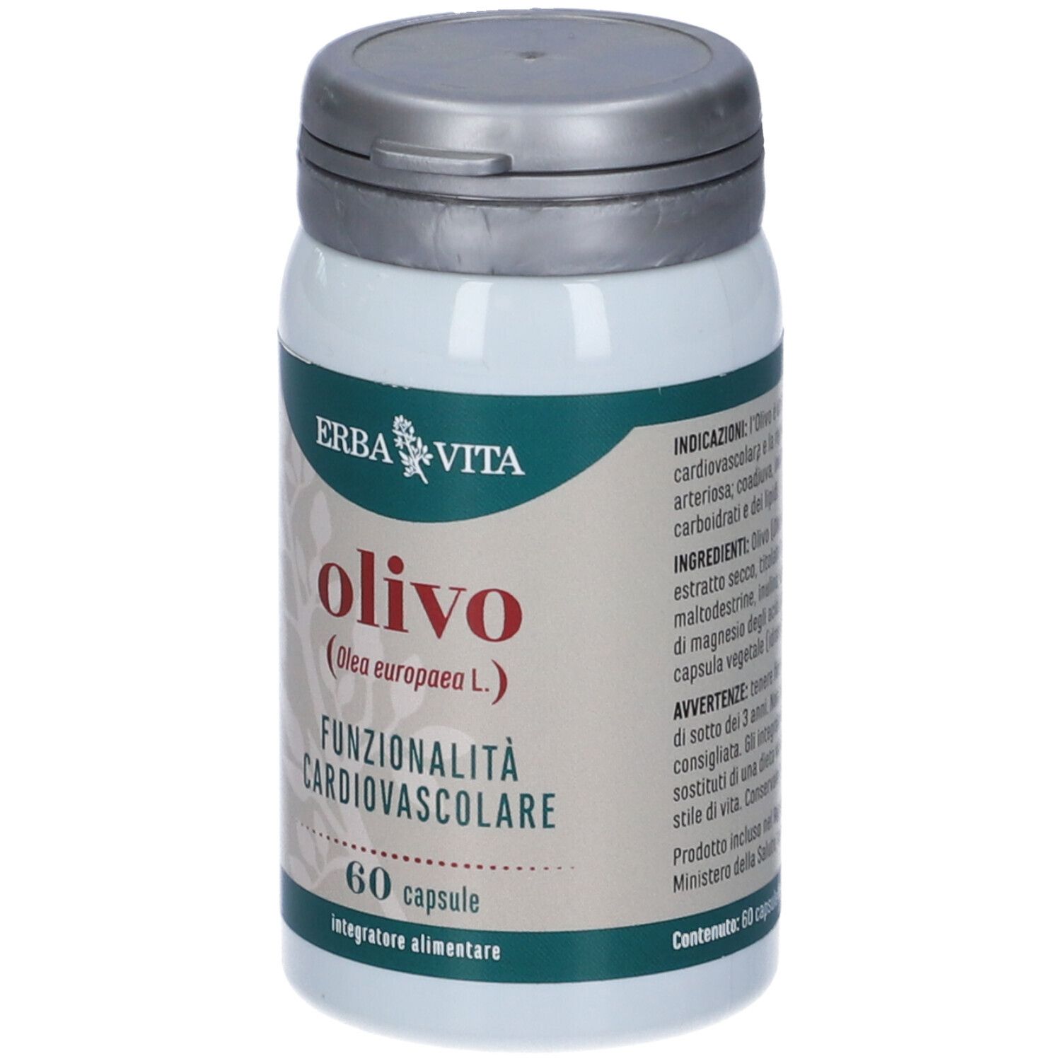 Flacone bianco, tappo grigio. Scritta: Olivo, 60 capsule, Erba Vita. Per la funzionalità cardiovascolare.