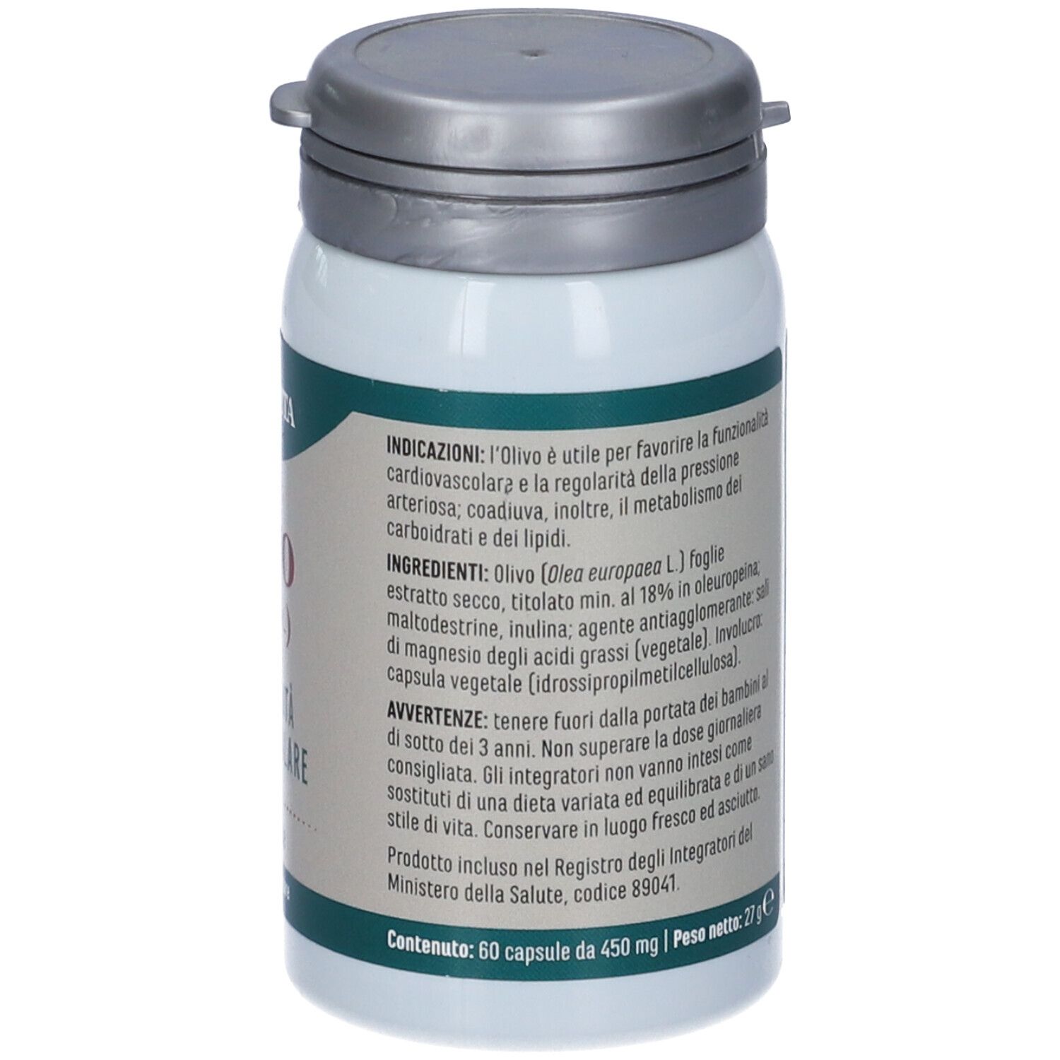Retro del flacone. Testo: Olivo, Erba Vita. Ingredienti, avvertenze, 60 capsule, 450 mg.