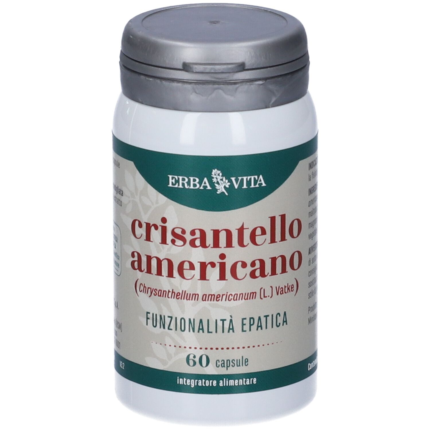 Flacone bianco con tappo grigio. Scritta: Erba Vita, Crisantello Americano, 60 capsule.