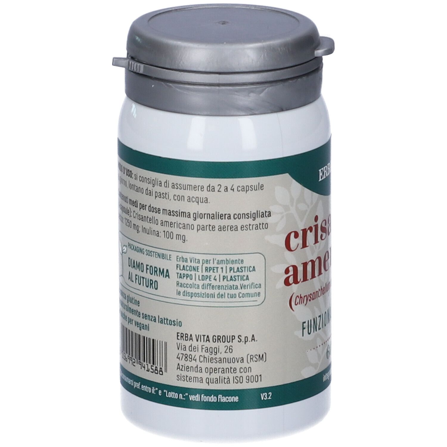 Flacone bianco con tappo grigio. Scritta: Erba Vita, Crisantello Americano, 60 capsule.