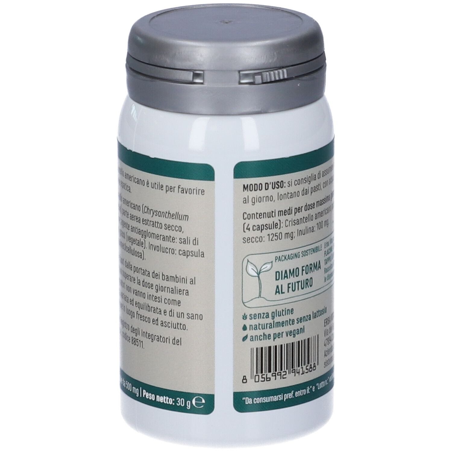 Flacone bianco con tappo grigio. Scritta: Erba Vita, Crisantello Americano, 60 capsule.