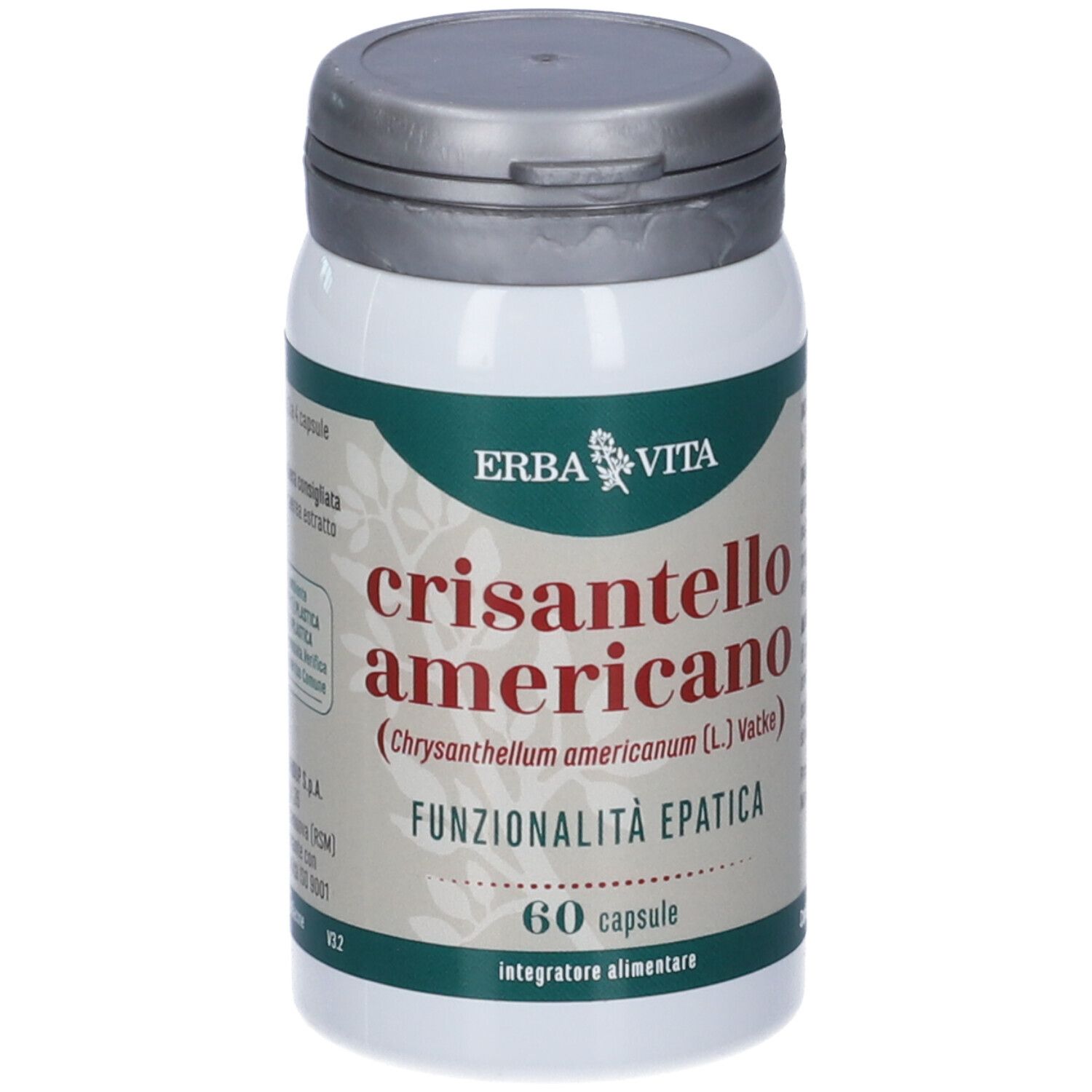 Flacone bianco con tappo grigio. Scritta: Erba Vita, Crisantello Americano, 60 capsule.