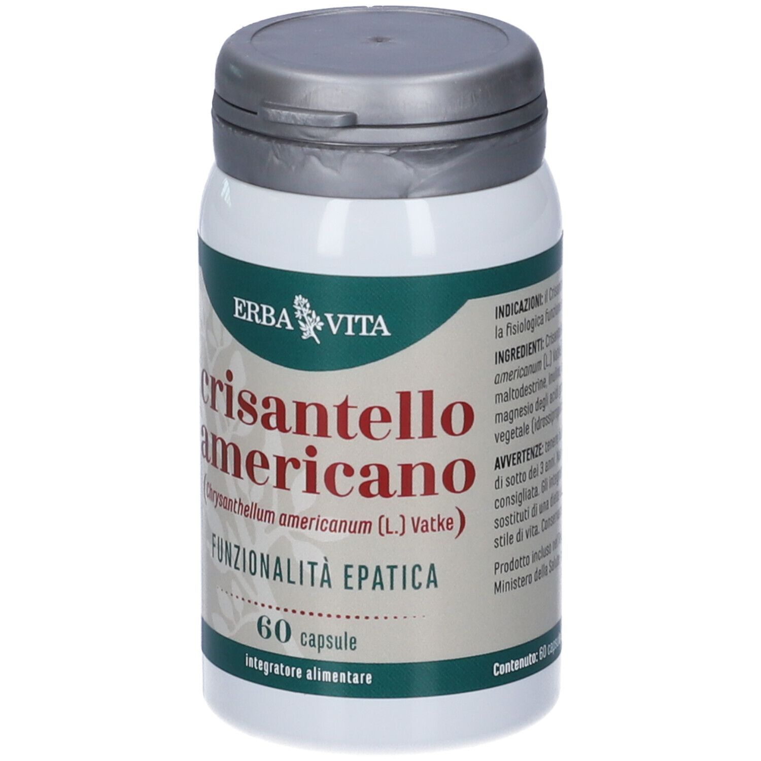 Flacone bianco con tappo grigio. Scritta: Erba Vita, Crisantello Americano, 60 capsule.