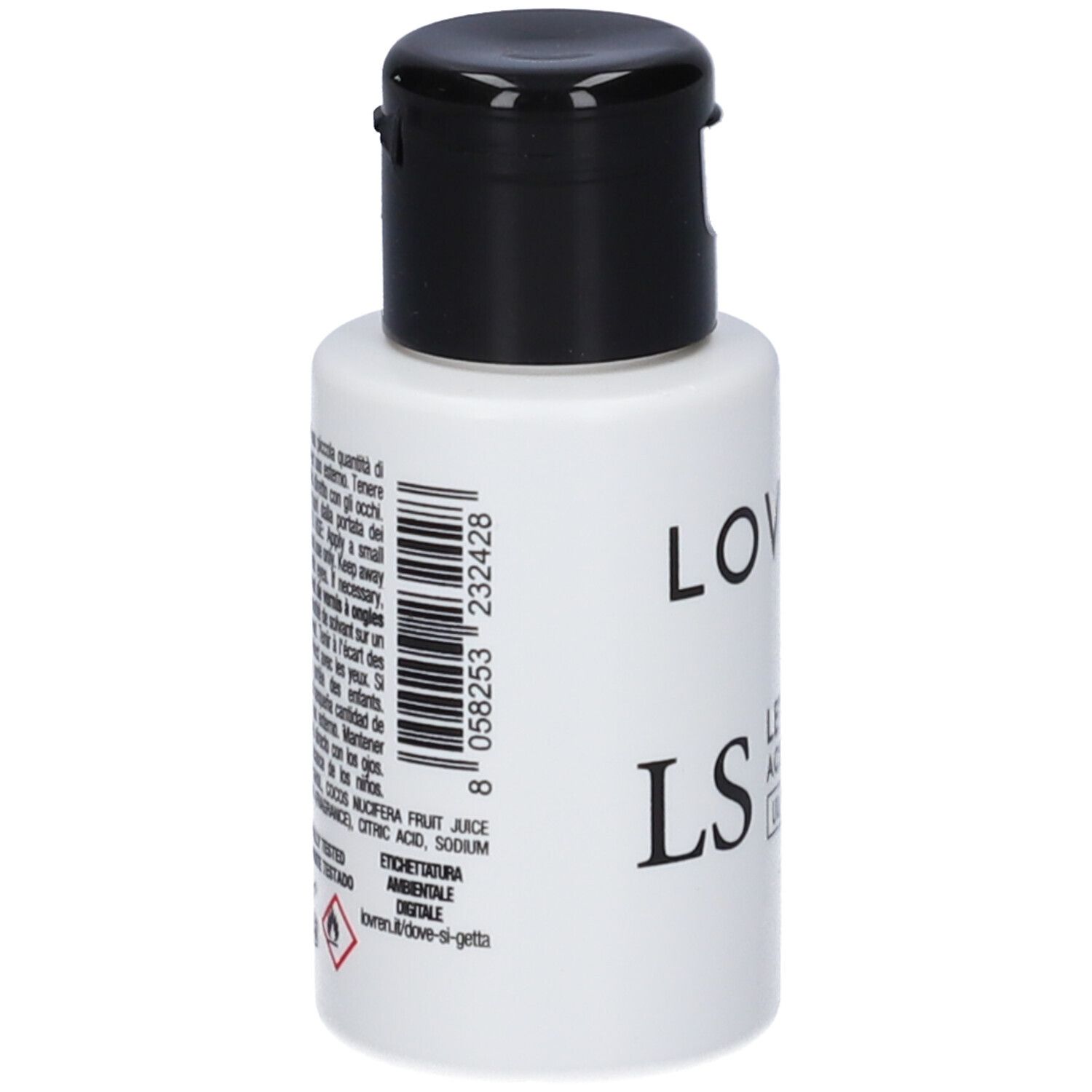 Flacone bianco con tappo nero. Retro con testo e codice a barre. Ingredienti e avvertenze.