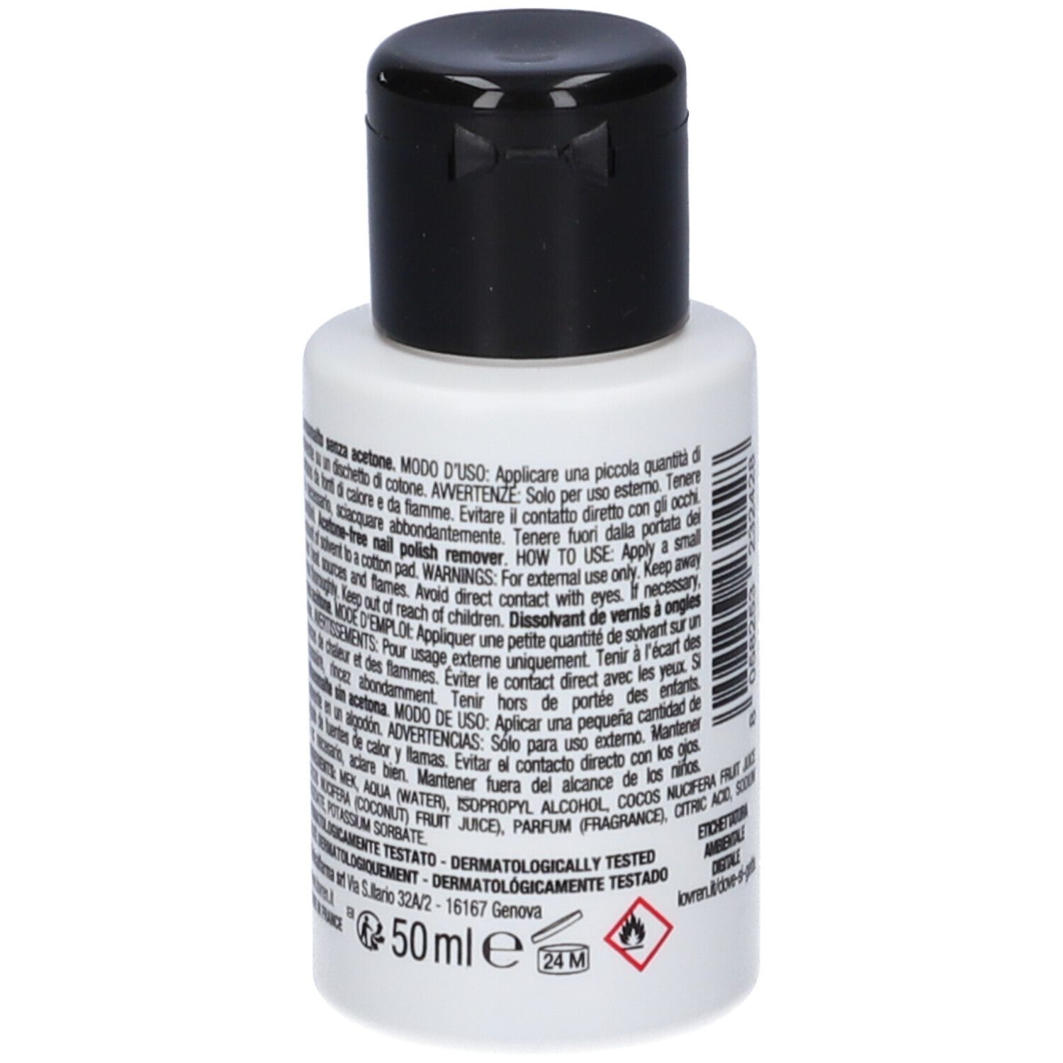 Flacone bianco con tappo nero. Retro con testo, avvertenze e indicazione 50 ml.