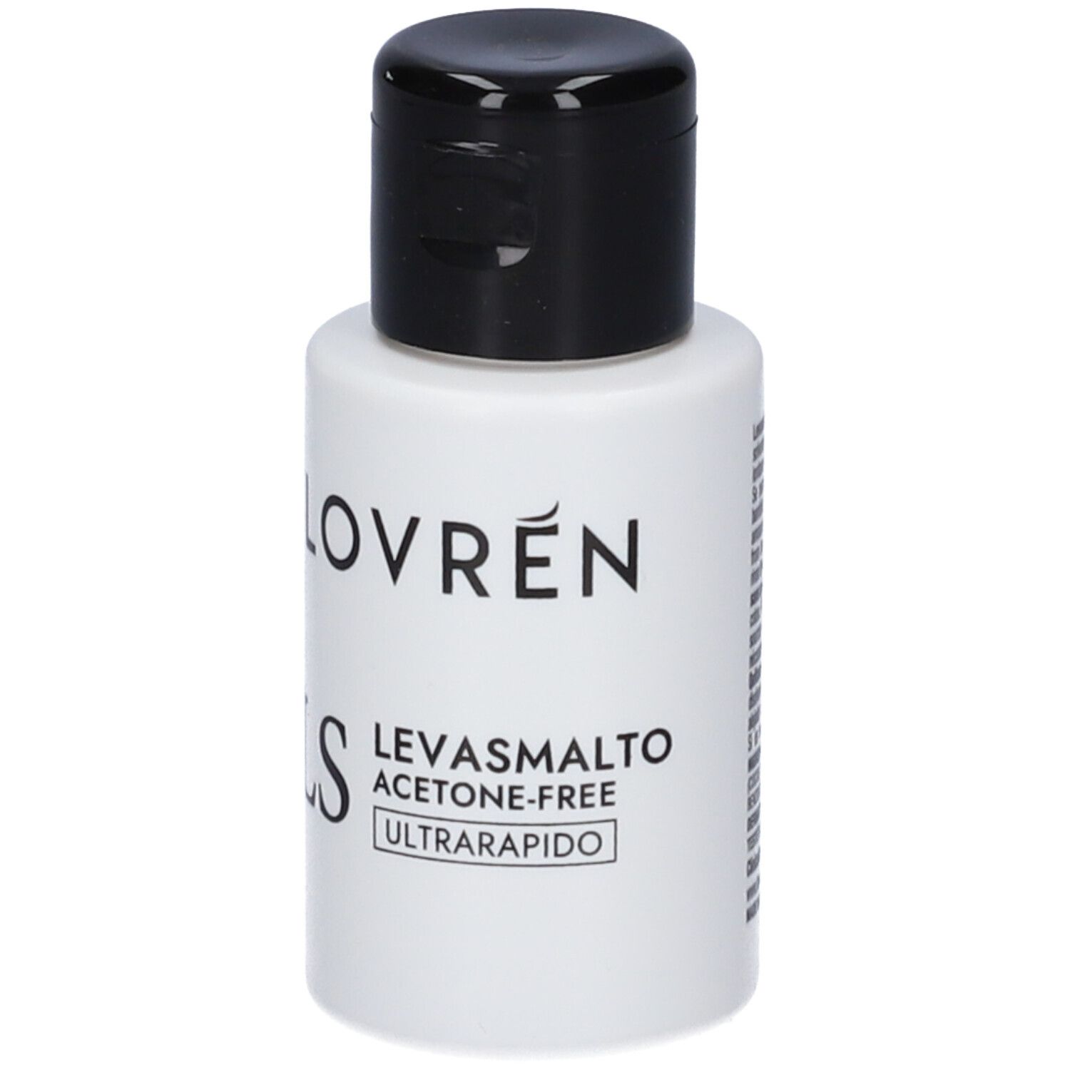 Flacone bianco con tappo nero. Scritta: LOVREN, LS, LEVASMALTO, ACETONE-FREE, ULTRARAPIDO.