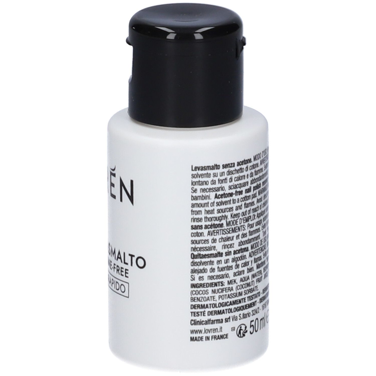 Flacone bianco con tappo nero. Retro con testo, indicazione 50 ml e dermatologicamente testato.