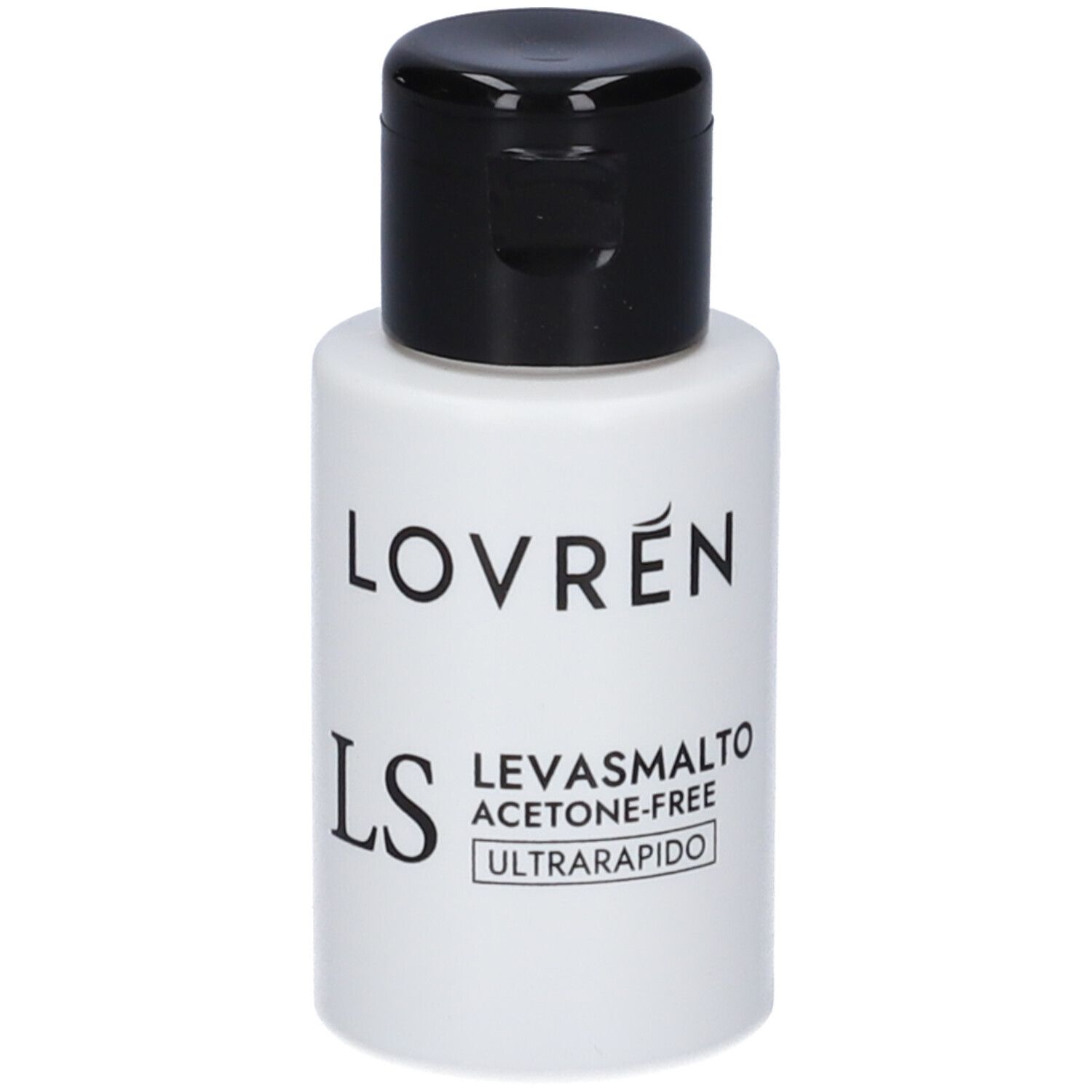 Flacone bianco con tappo nero. Scritta: LOVREN, LS, LEVASMALTO, ACETONE-FREE, ULTRARAPIDO.
