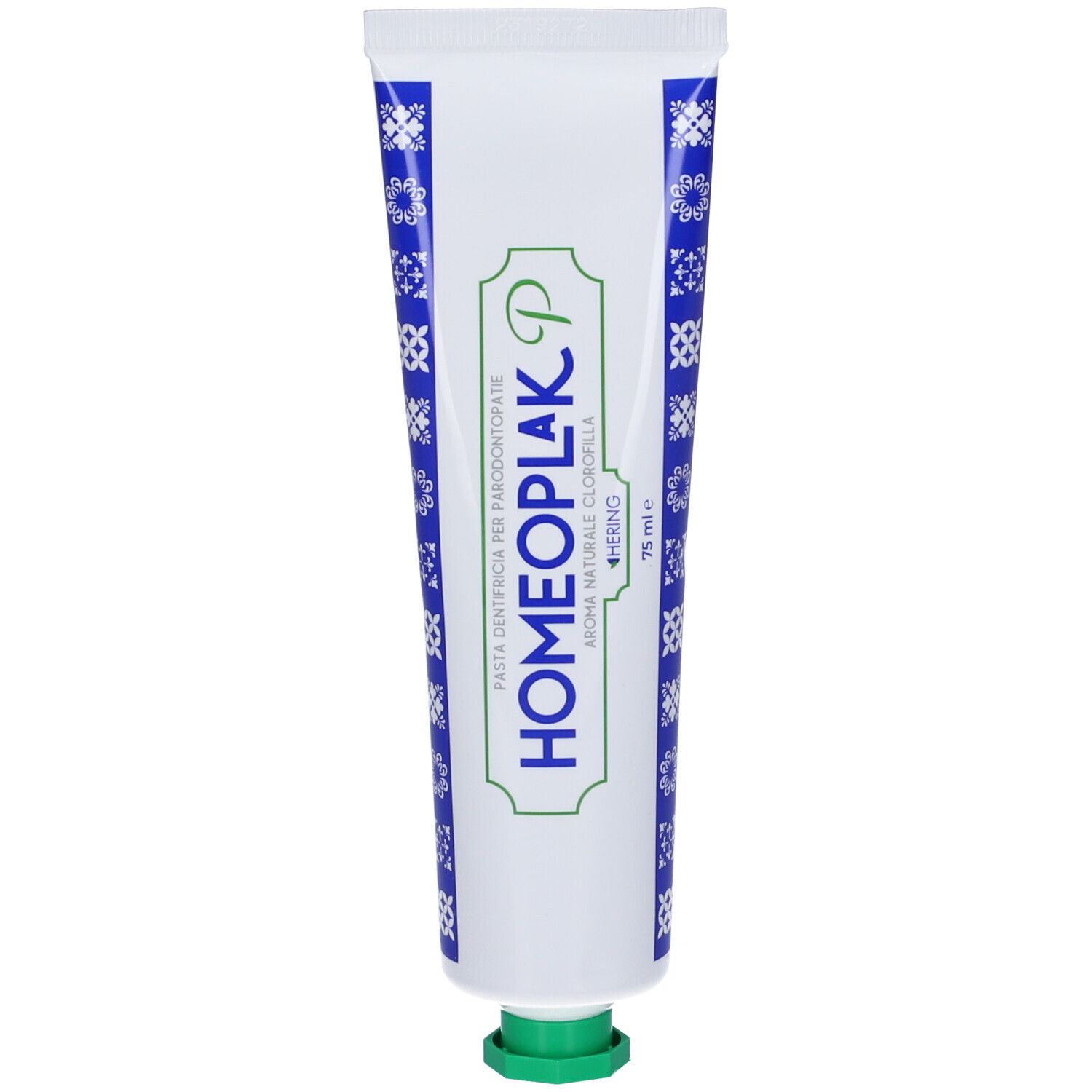 Tubo di dentifricio Homeoplak P, bianco con motivo blu. Tappo verde. Marchio Hering.