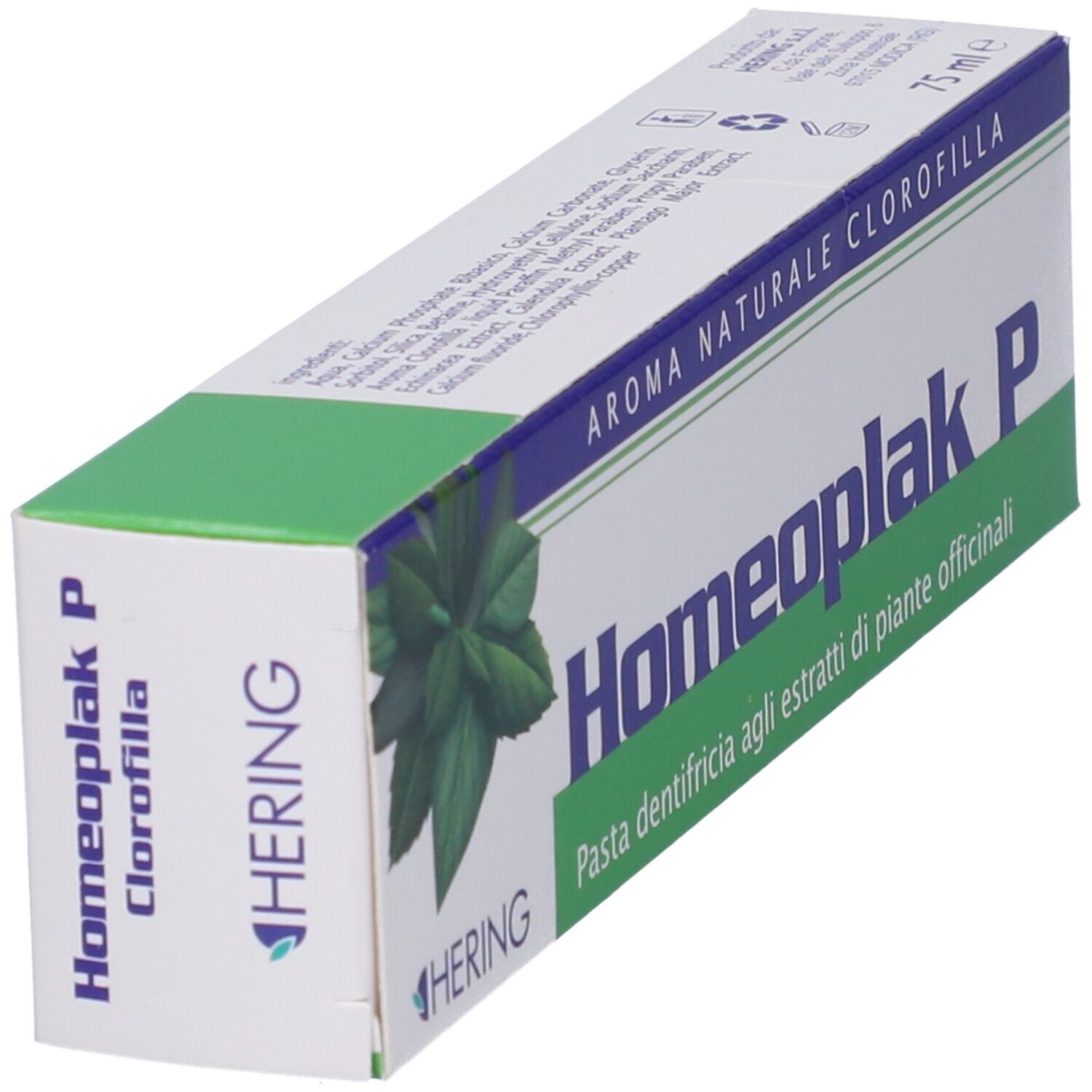Scatola Homeoplak P, verde e bianca. Testo: Aroma naturale clorofilla. Marchio Hering.