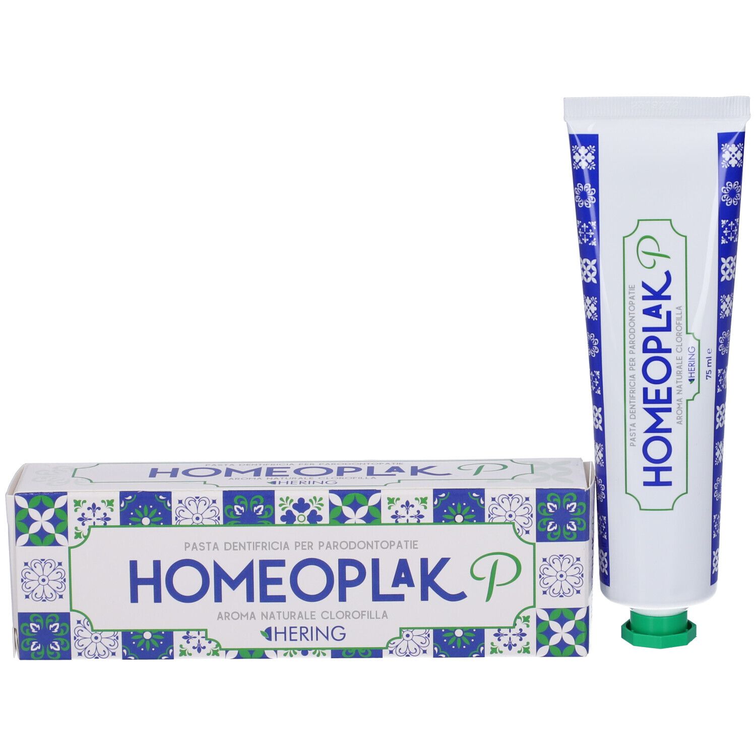 Tubo e scatola di dentifricio Homeoplak P. Bianco, blu, verde. Marchio Hering.
