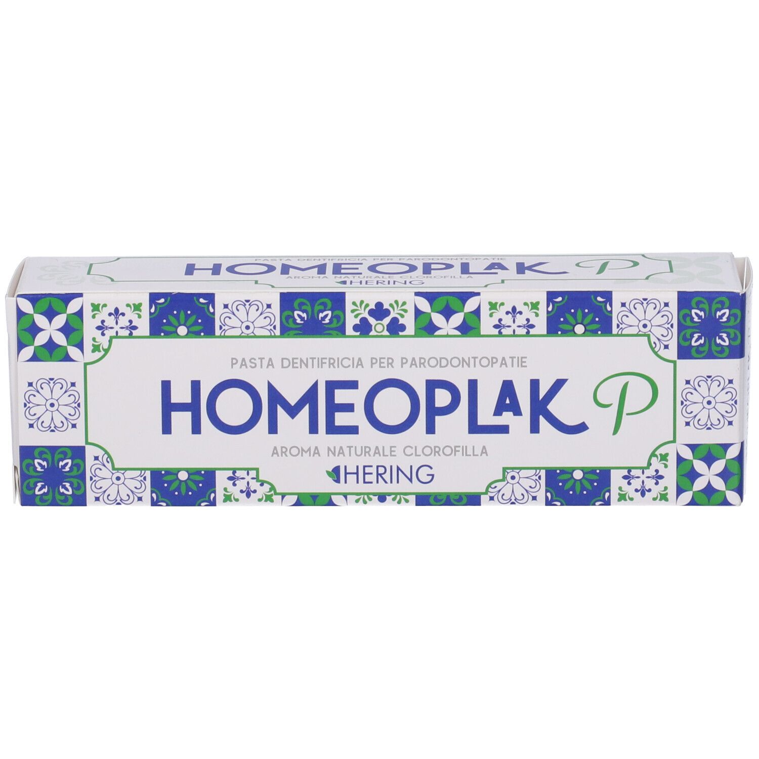 Scatola di dentifricio Homeoplak P, blu-verde. Testo: Pasta dentifricia per parodontopatie. Marchio Hering.