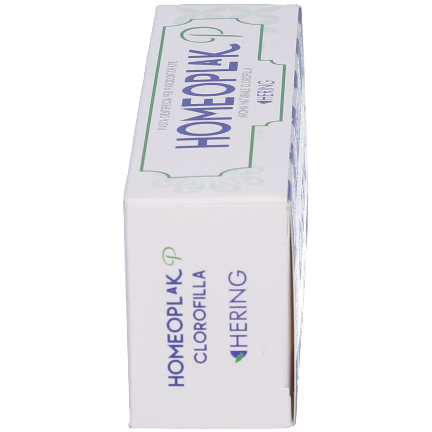 Scatola Homeoplak P, verde e bianca. Testo: Clorofilla. Marchio Hering.