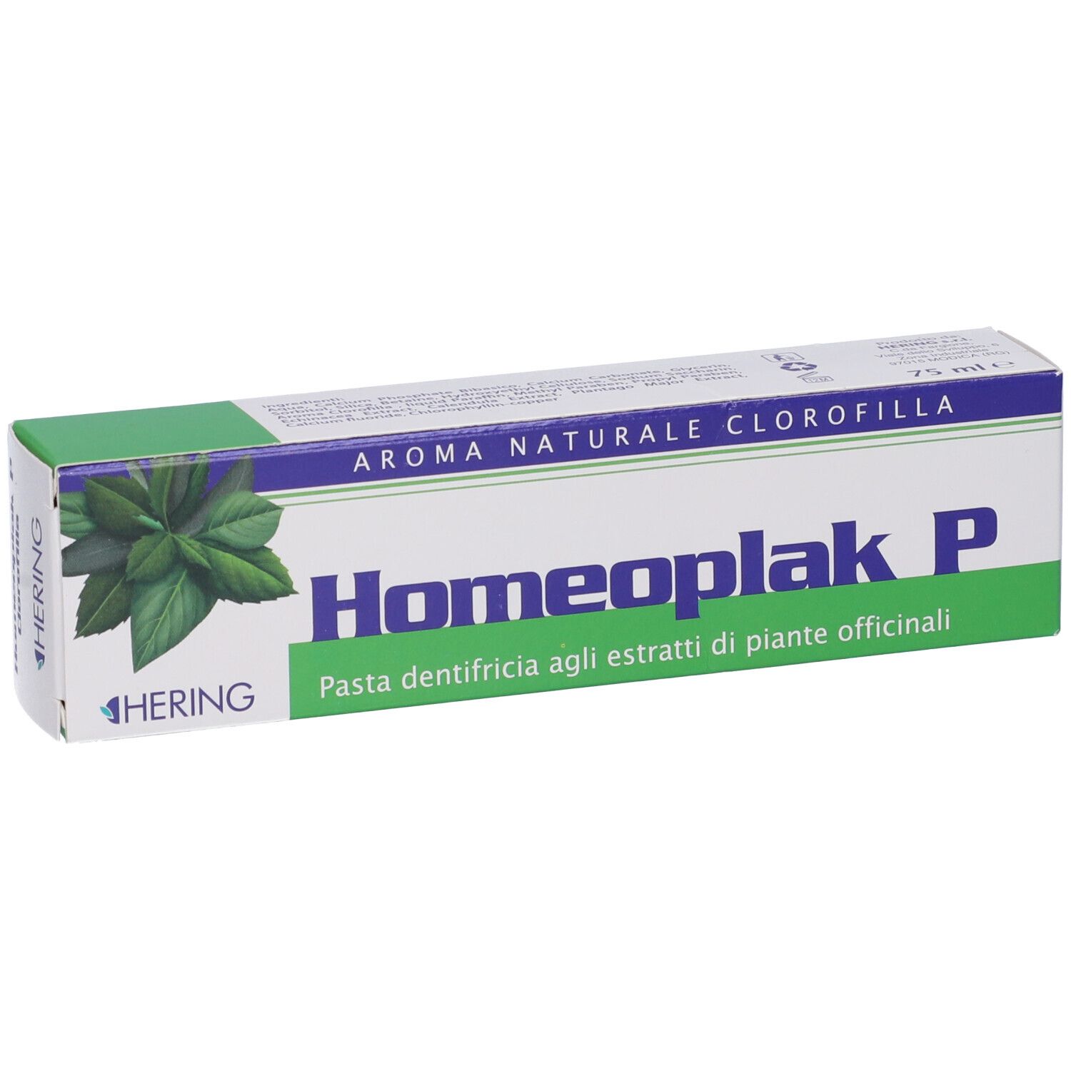 Scatola Homeoplak P, verde e bianca. Testo: Aroma naturale clorofilla. Marchio Hering.
