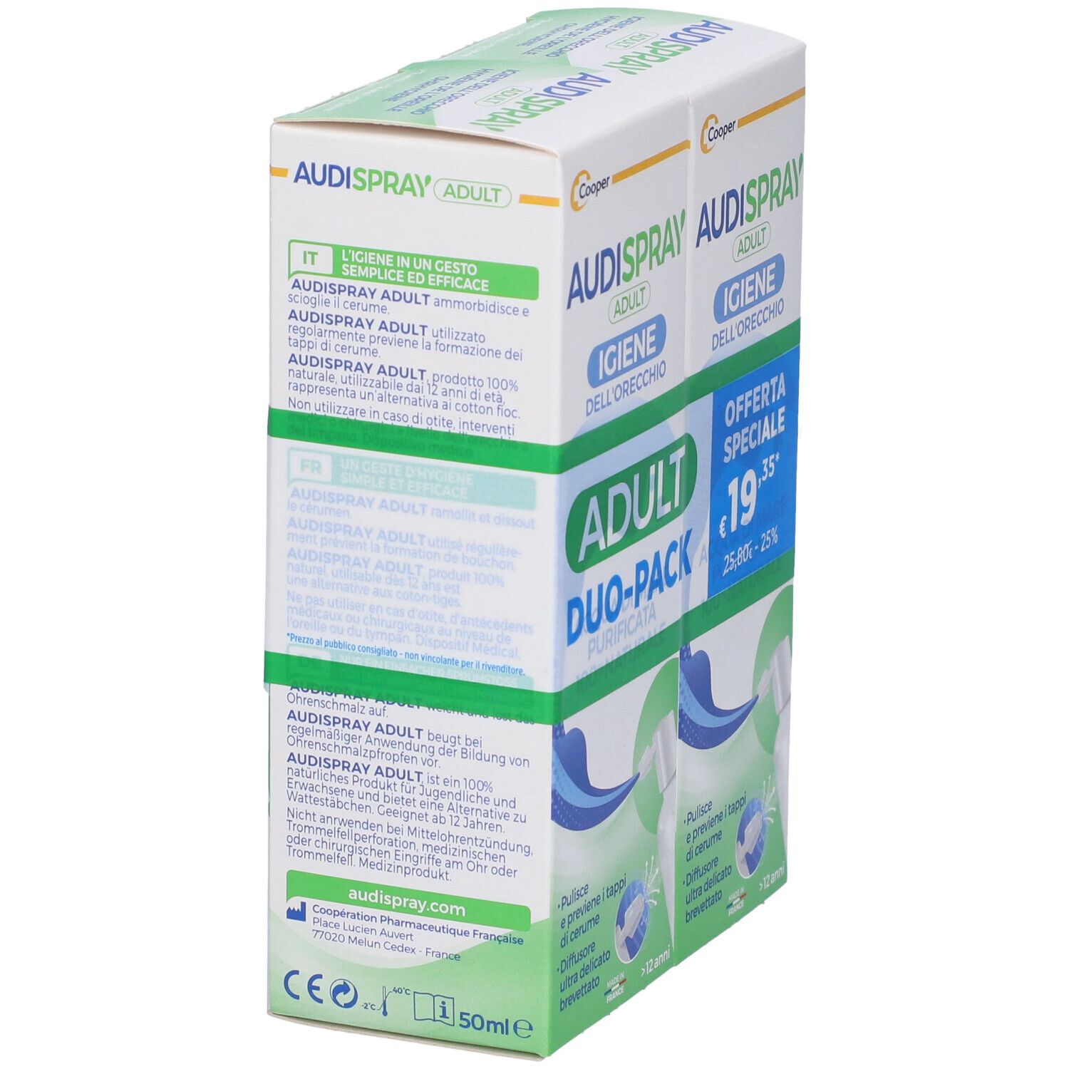 Due confezioni di Audispray Adult Duo-Pack impilate. Scritta: Igiene dell'orecchio. Testo multilingue. Consigliato per età superiore a 12 anni.