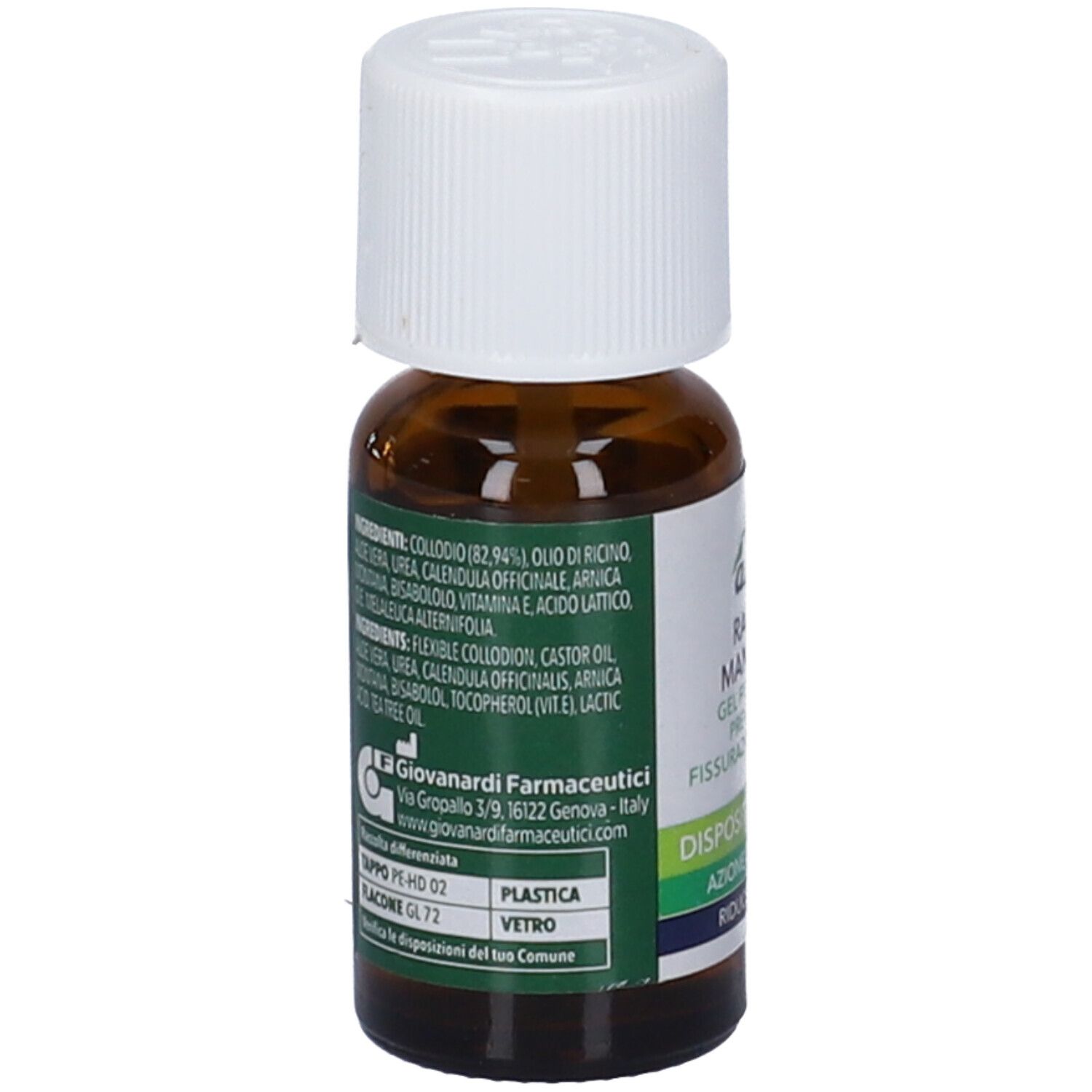 Retro del flacone. Ingredienti e avvertenze. Testo: Giovannardi Farmaceutici.
