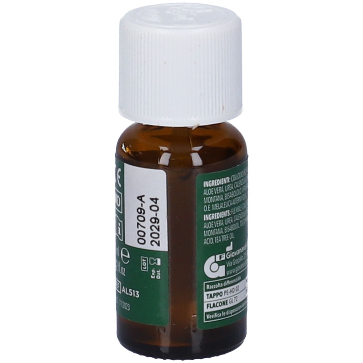Retro del flacone. Numero di lotto, data di scadenza. Testo: 12 ml, 0,42 fl oz.