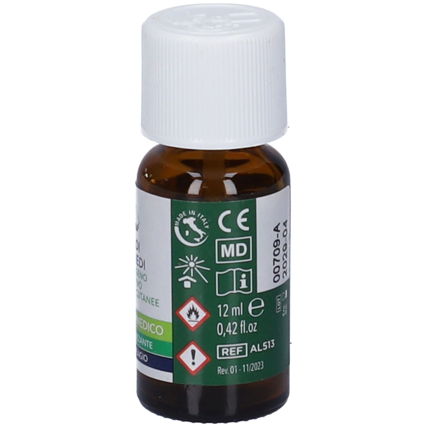 Flacone con simboli di pericolo. Testo: Alpino Dermoprotettivo Ragadi Piedi. 12 ml.