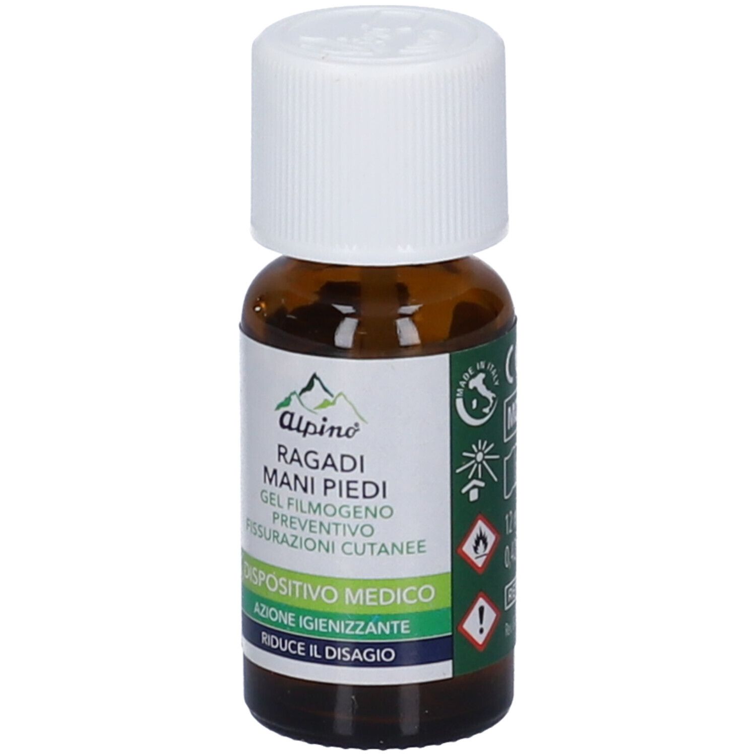 Flacone marrone con tappo bianco. Scritta: Alpino Dermoprotettivo Ragadi Piedi. Gel per fessurazioni dei piedi.