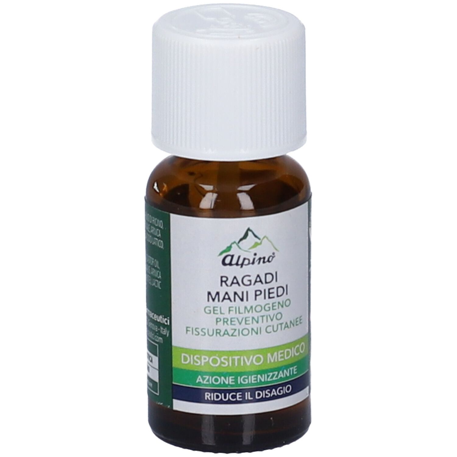 Flacone marrone con tappo bianco. Scritta: Alpino Dermoprotettivo Ragadi Piedi. Gel per fessurazioni dei piedi.