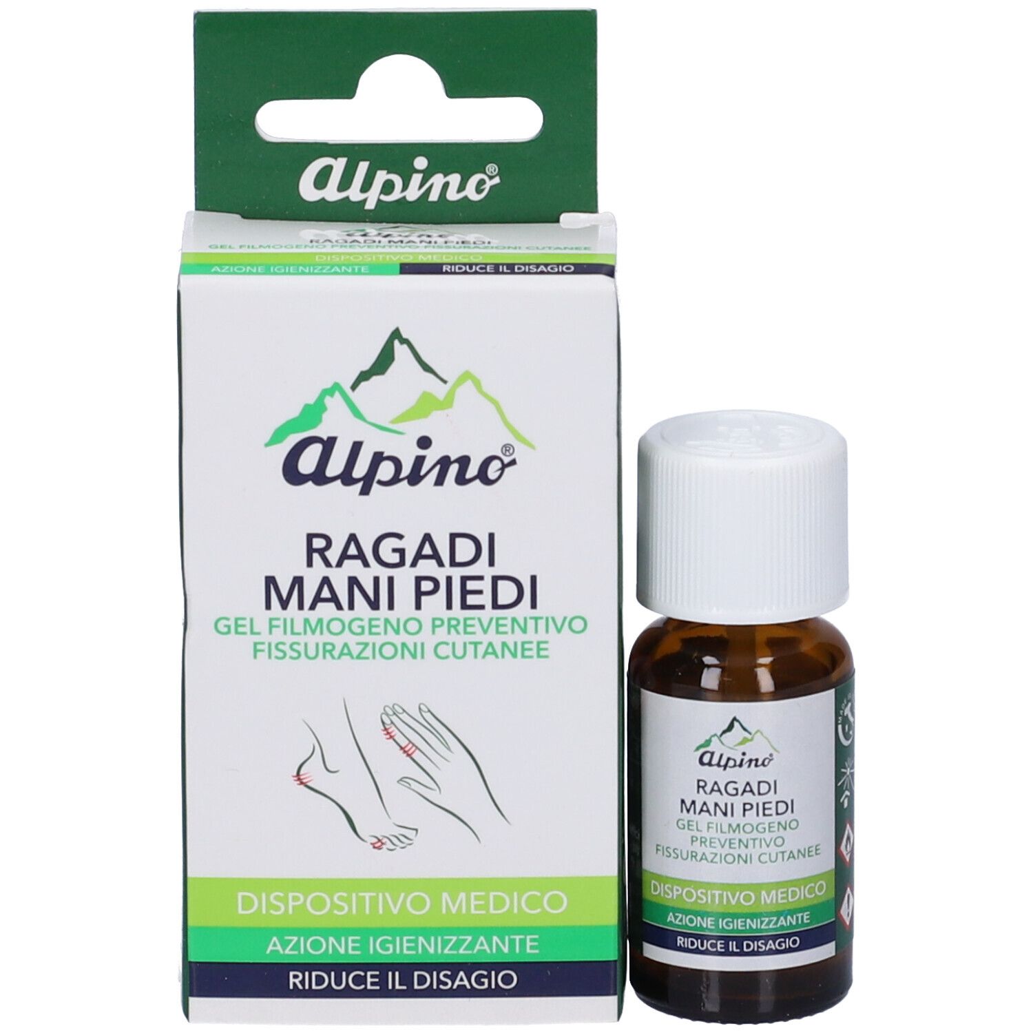Confezione del prodotto e flacone. Scritta: Alpino Dermoprotettivo Ragadi Piedi. Gel per fessurazioni dei piedi.