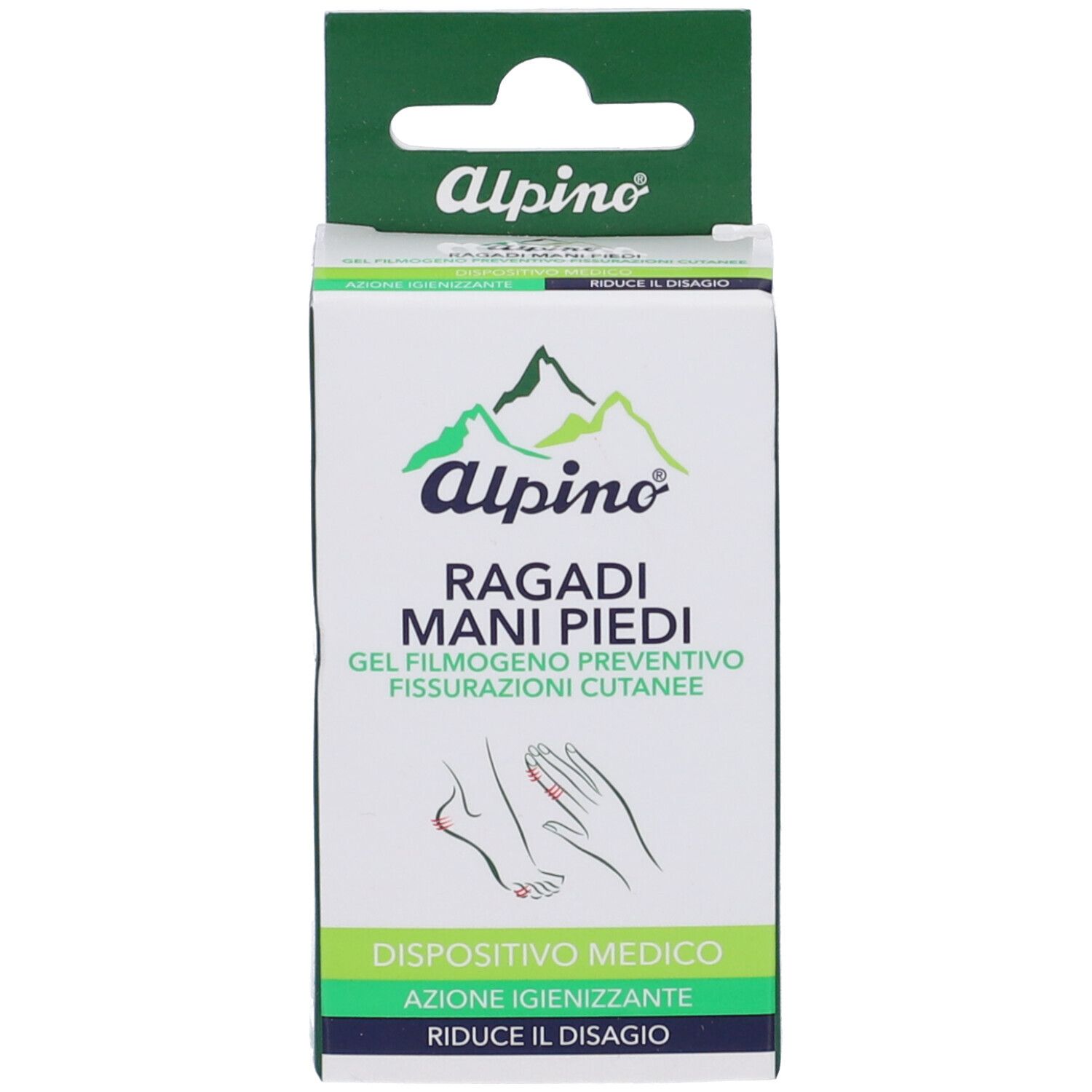 Confezione del prodotto. Scritta: Alpino Dermoprotettivo Ragadi Piedi. Gel per fessurazioni dei piedi.