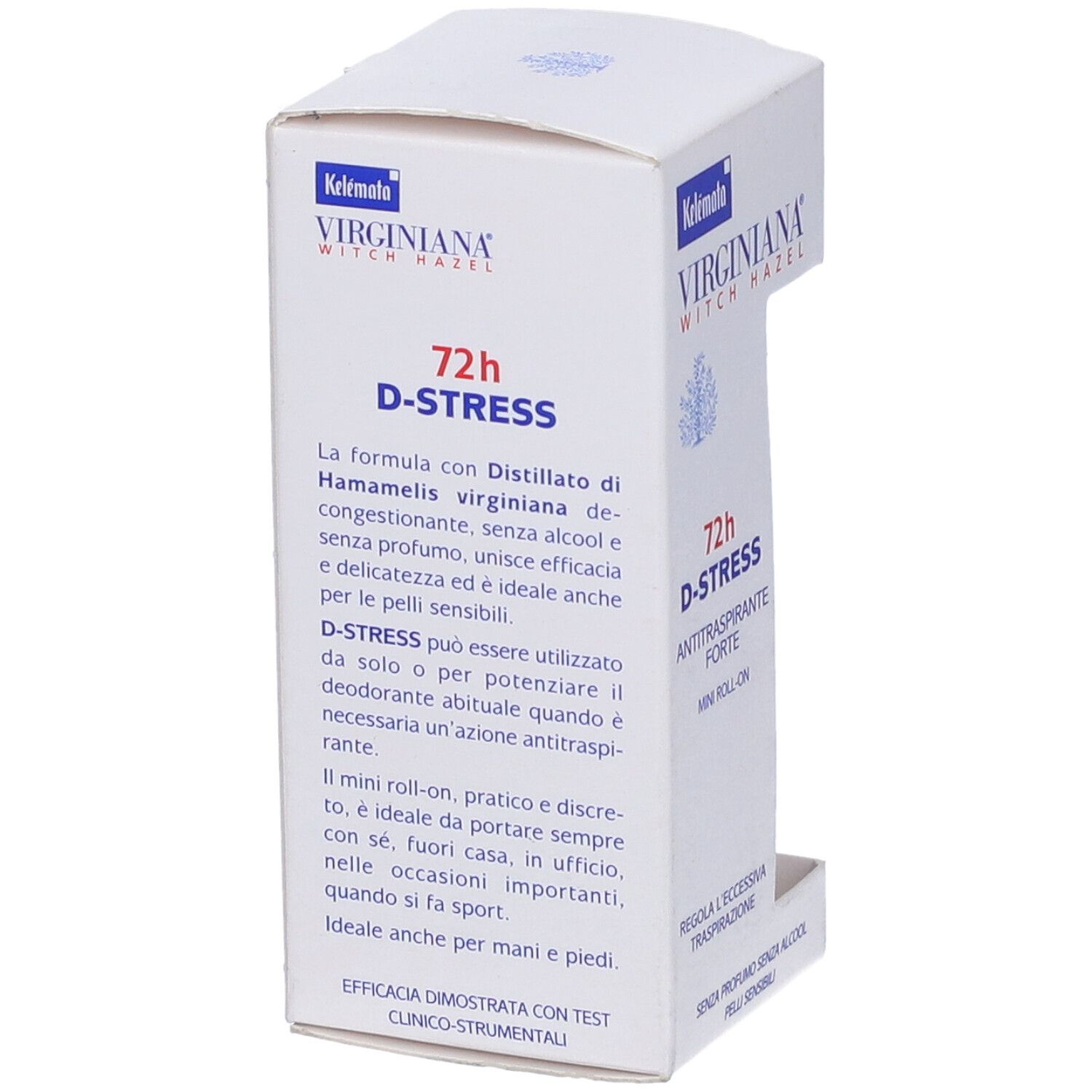 Scatola bianca con informazioni sul prodotto. Scritta: Virginiana 72h D-Stress Antitraspirante Forte. Testo in italiano.