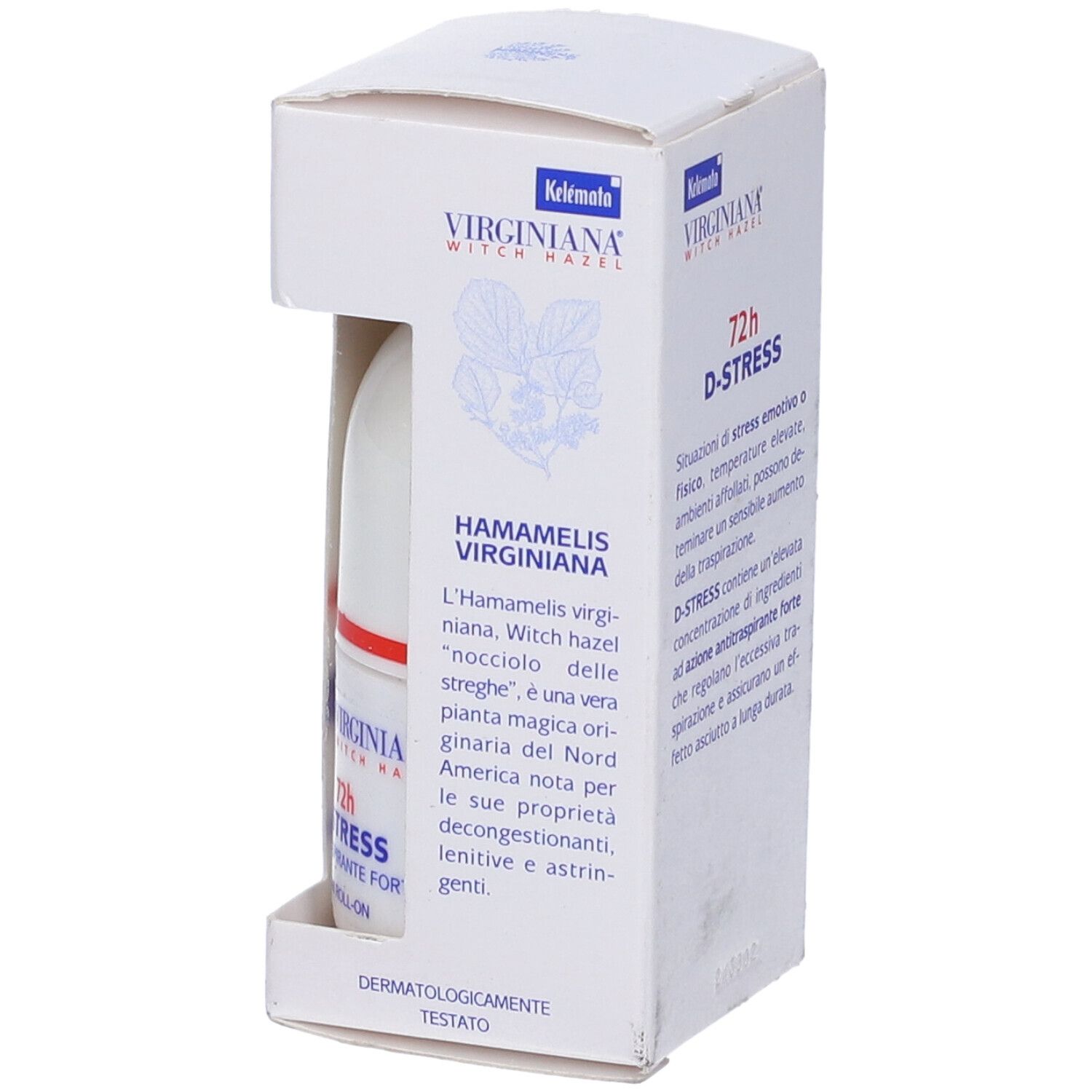 Scatola bianca con flacone roll-on. Scritta: Virginiana 72h D-Stress Antitraspirante Forte. Prodotto nella confezione.