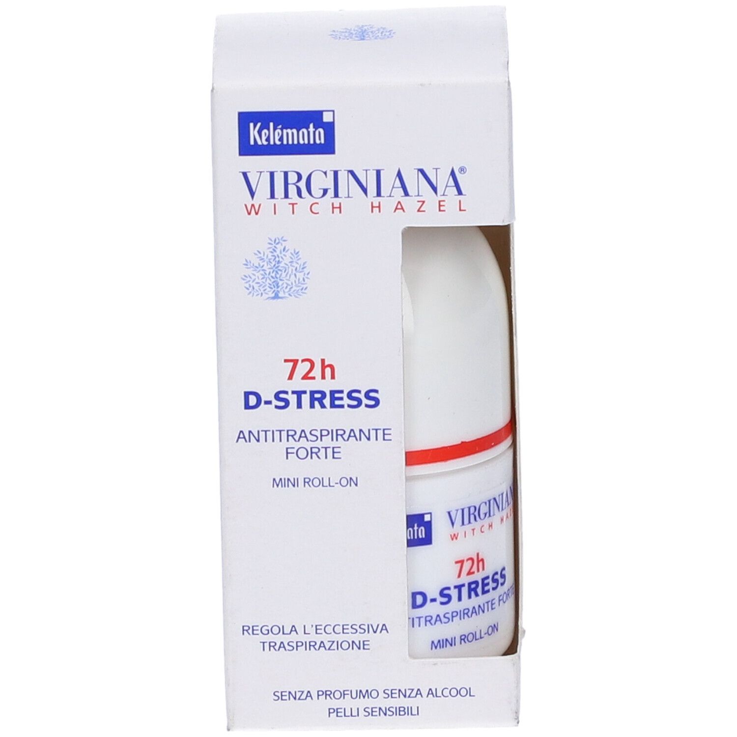 Scatola bianca con flacone roll-on. Scritta: Virginiana 72h D-Stress Antitraspirante Forte. Mini roll-on. Prodotto nella confezione.