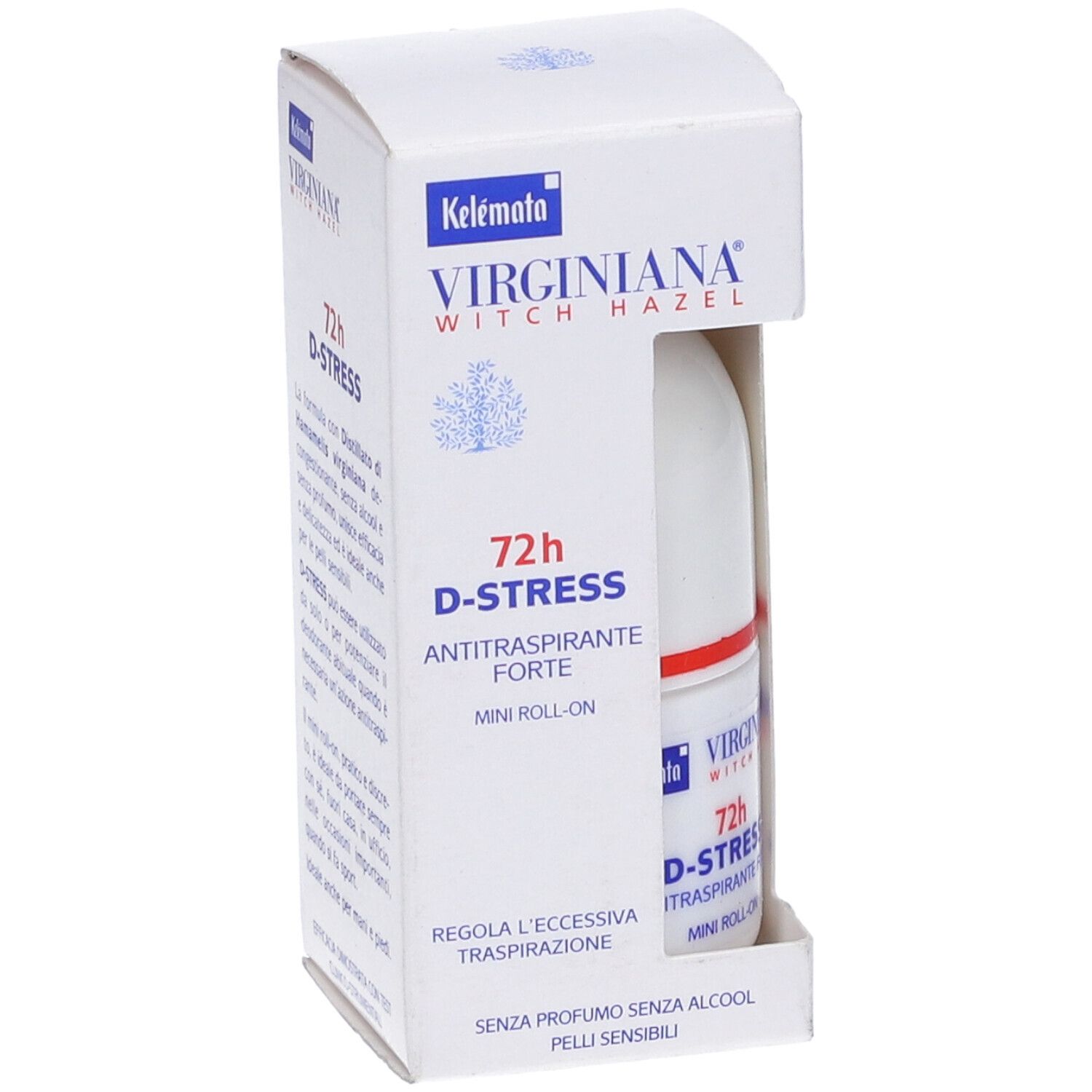 Scatola bianca con flacone roll-on. Scritta: Virginiana 72h D-Stress Antitraspirante Forte. Mini roll-on. Prodotto nella confezione.