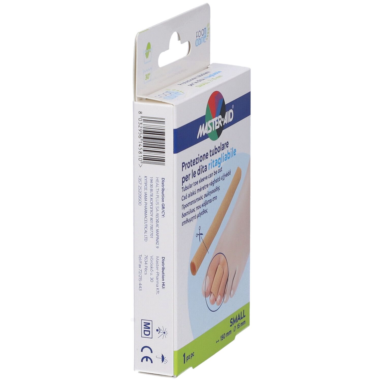 Confezione Master-Aid Footcare, Protezione tubolare. Vista laterale. Nome prodotto, codice a barre, dimensioni: 150 mm x 15 mm.