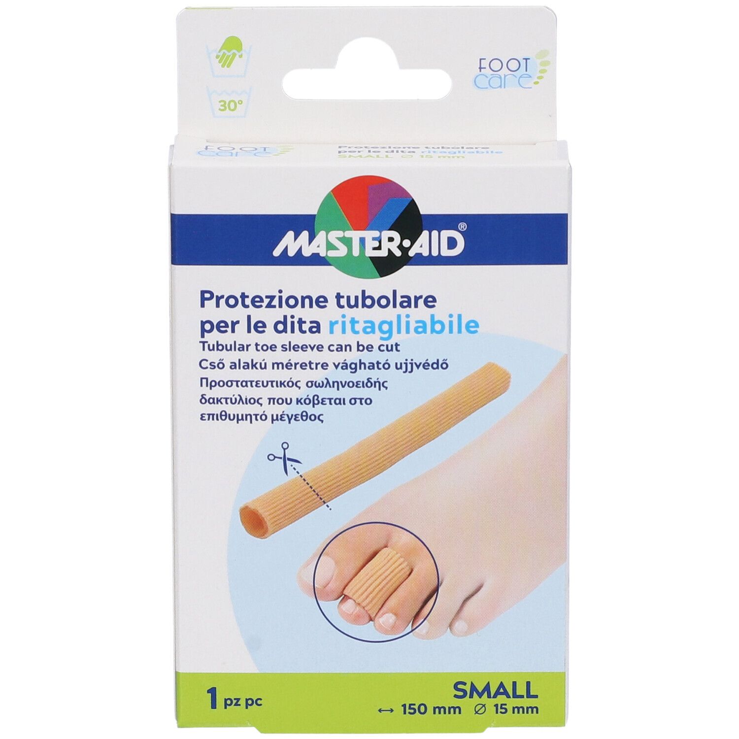 Confezione Master-Aid Footcare, Protezione tubolare. Immagine del prodotto e piede. Dimensioni: 150 mm x 15 mm.