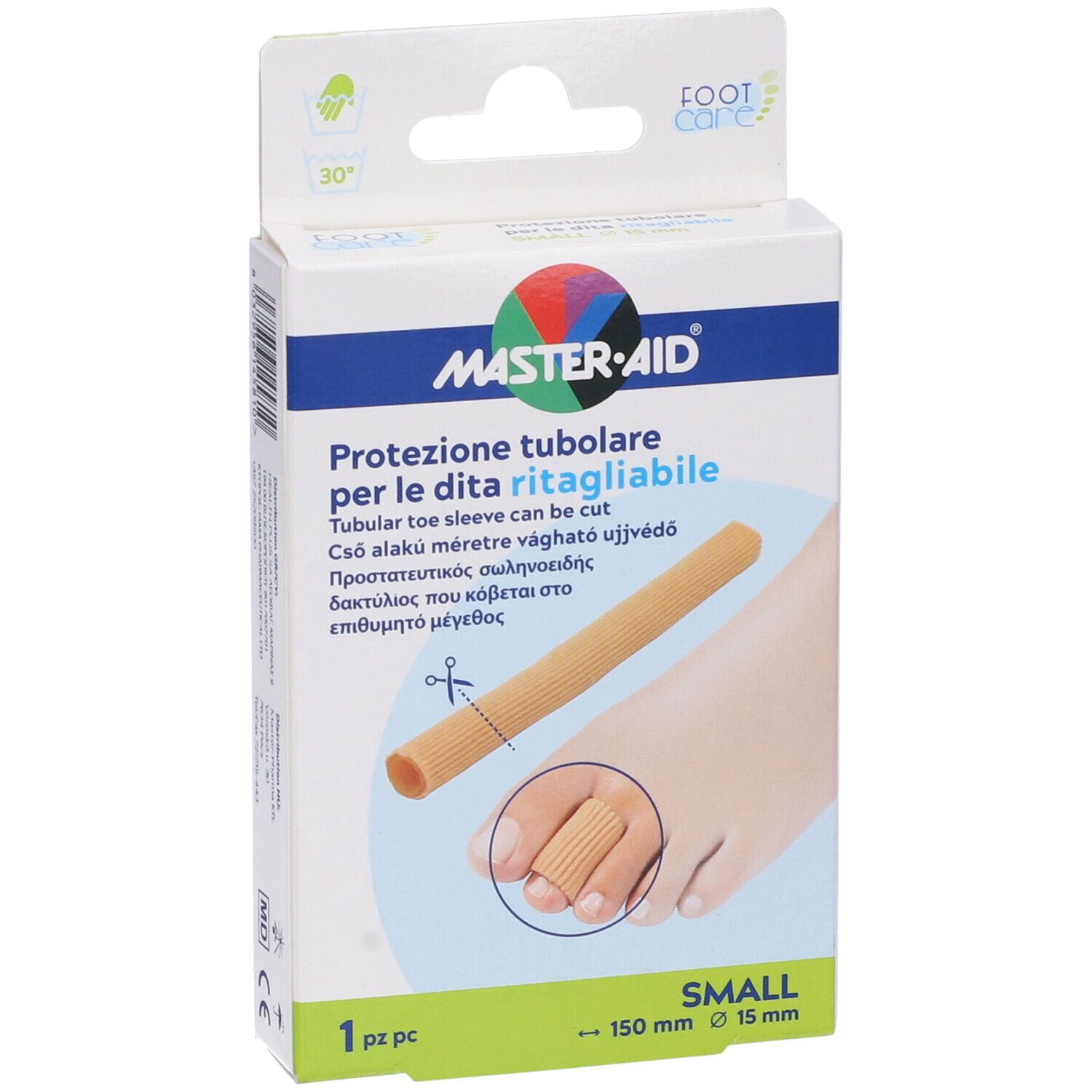 Confezione Master-Aid Footcare, Protezione tubolare. Immagine del prodotto e piede. Dimensioni: 150 mm x 15 mm.