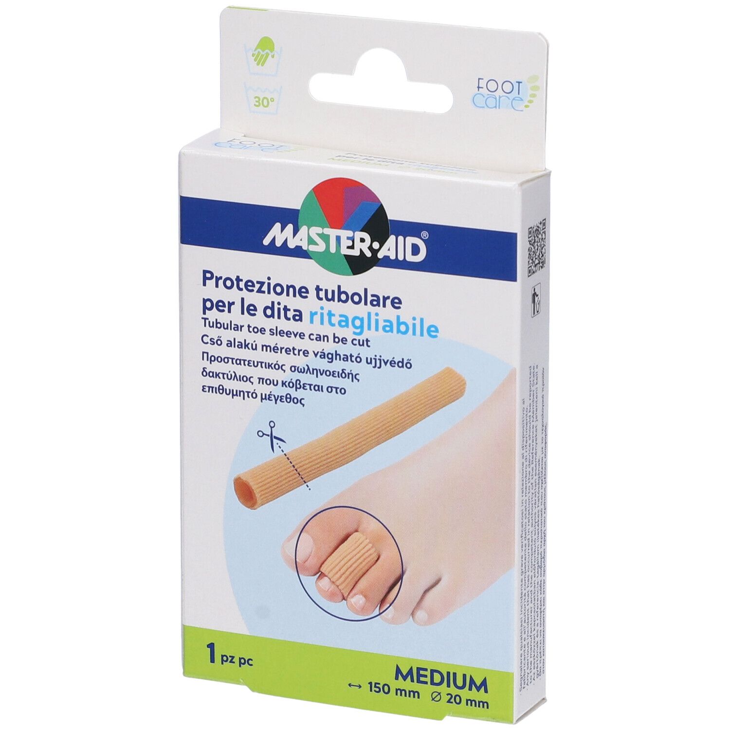 Confezione con immagine del prodotto. Scritta: MASTER-AID, Protezione tubolare, Medium, 150 mm x 20 mm.