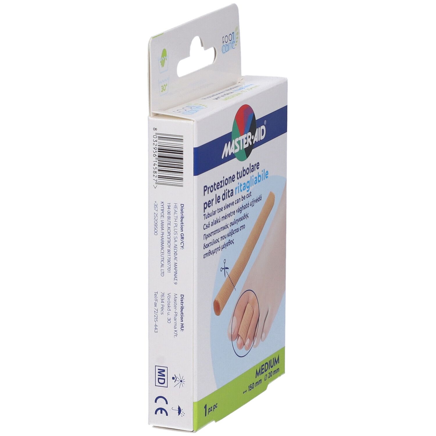 Vista laterale della confezione. Scritta: MASTER-AID, Protezione tubolare, Medium, 150 mm x 20 mm. Testo multilingue.