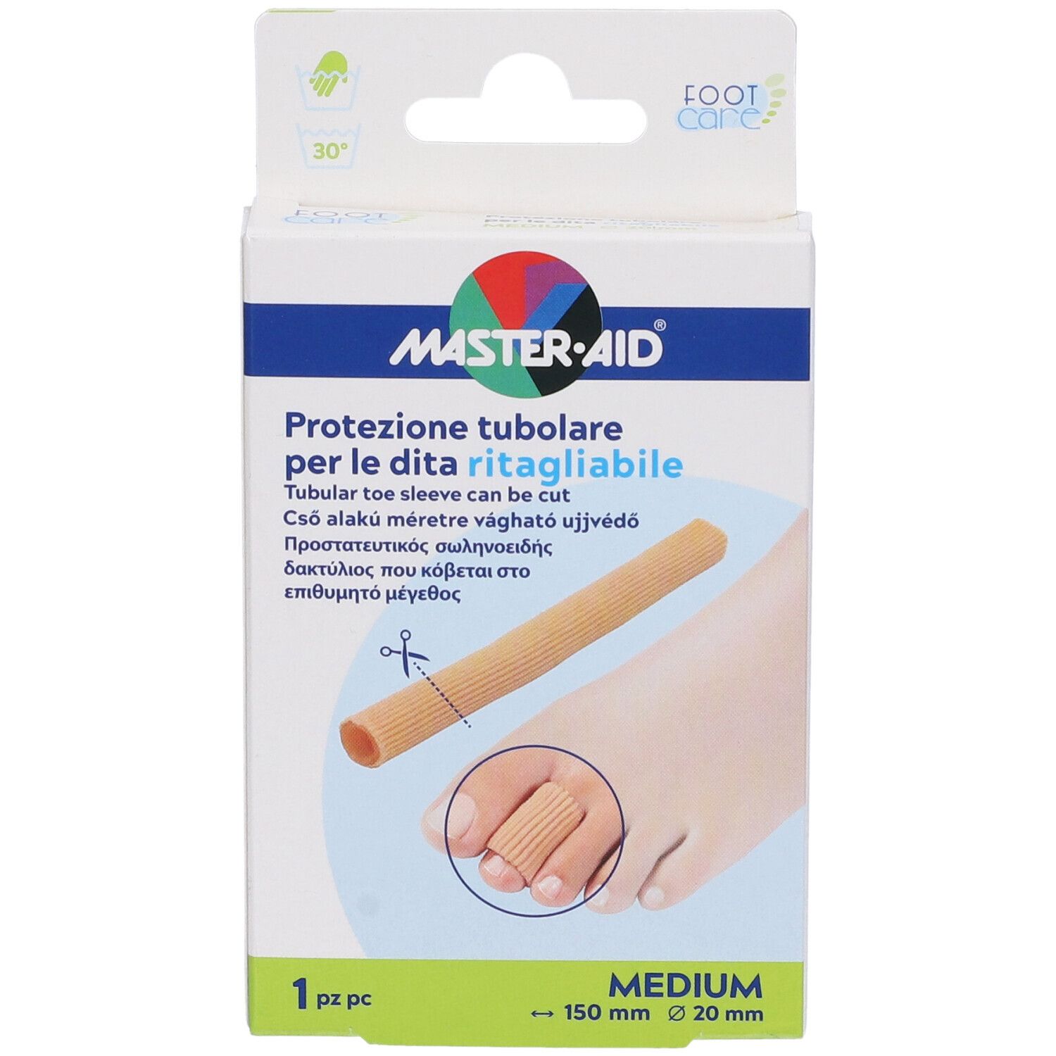 Confezione con immagine del prodotto. Scritta: MASTER-AID, Protezione tubolare, Medium, 150 mm x 20 mm.