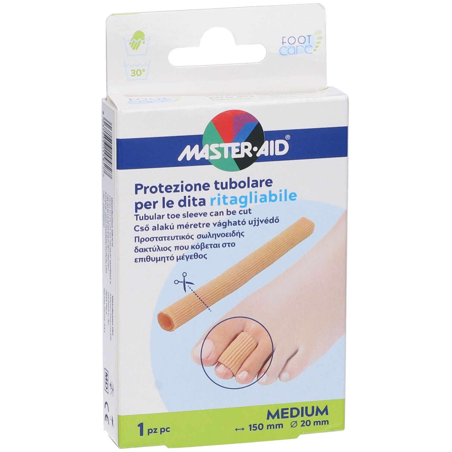 Confezione con immagine del prodotto. Scritta: MASTER-AID, Protezione tubolare, Medium, 150 mm x 20 mm.